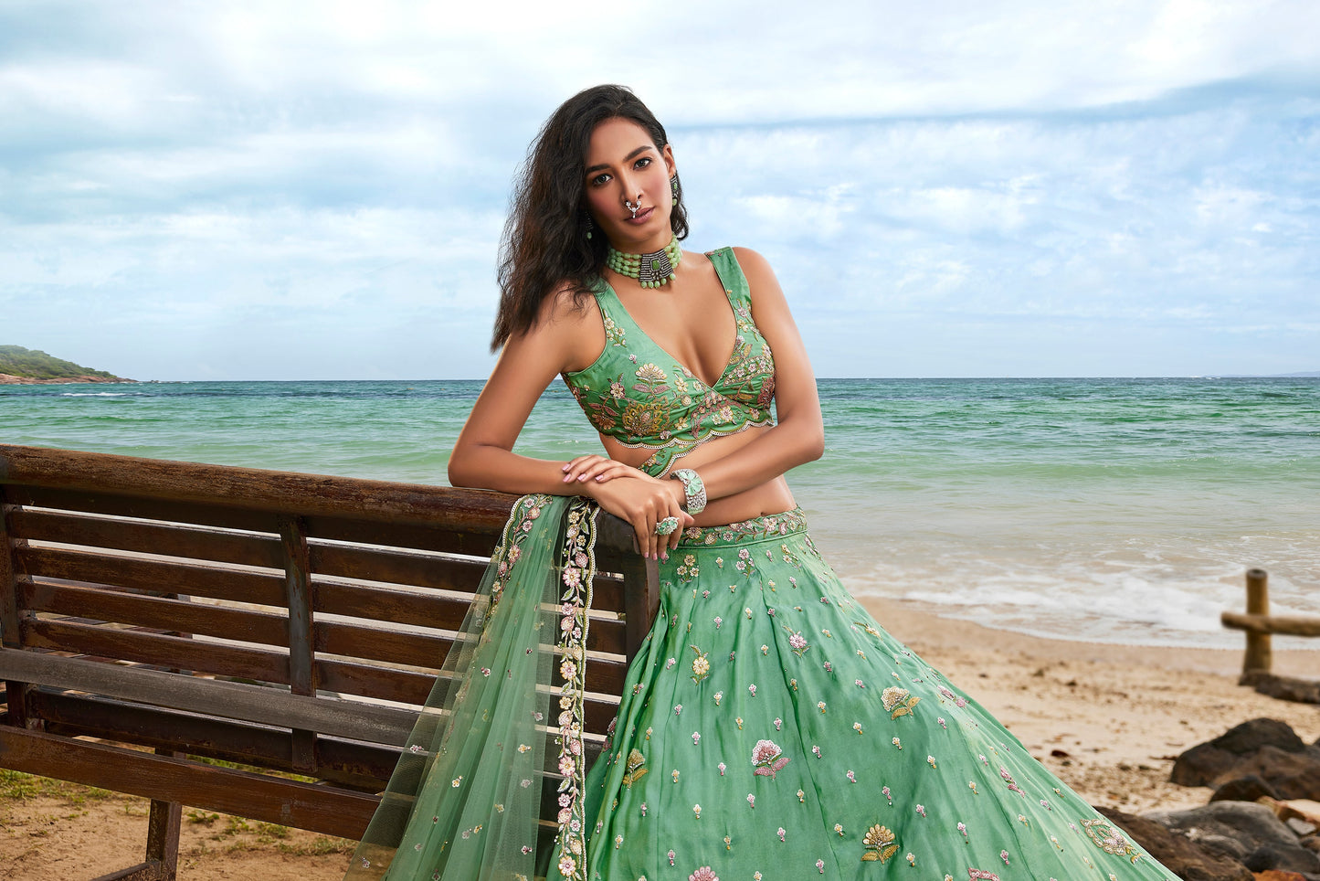 House of Panchhi Sea Green Georgette Sequins, Zarkan And Thread Embroidery Lehenga Choli & Dupatta | Swadesiicart
