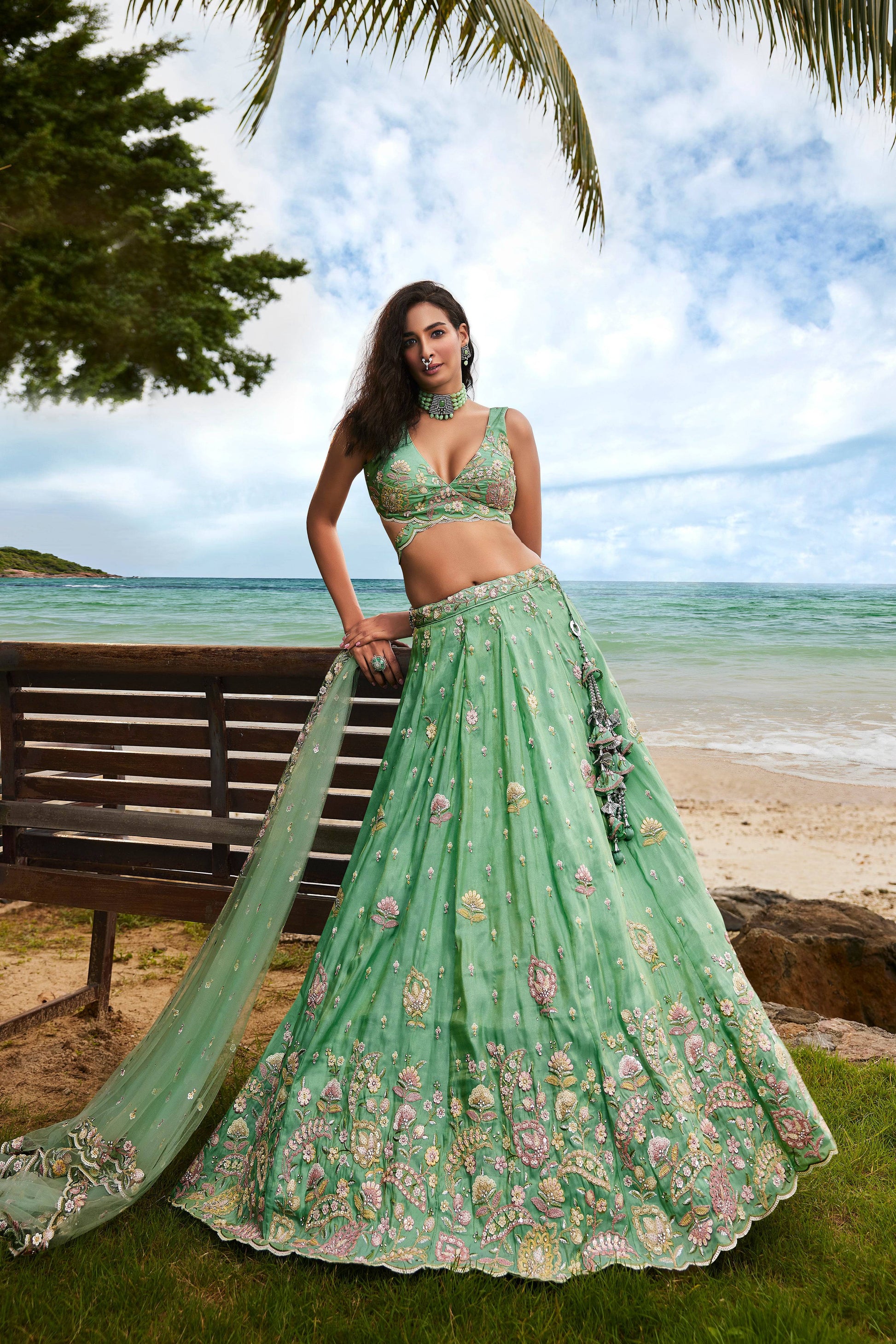 House of Panchhi Sea Green Georgette Sequins, Zarkan And Thread Embroidery Lehenga Choli & Dupatta | Swadesiicart