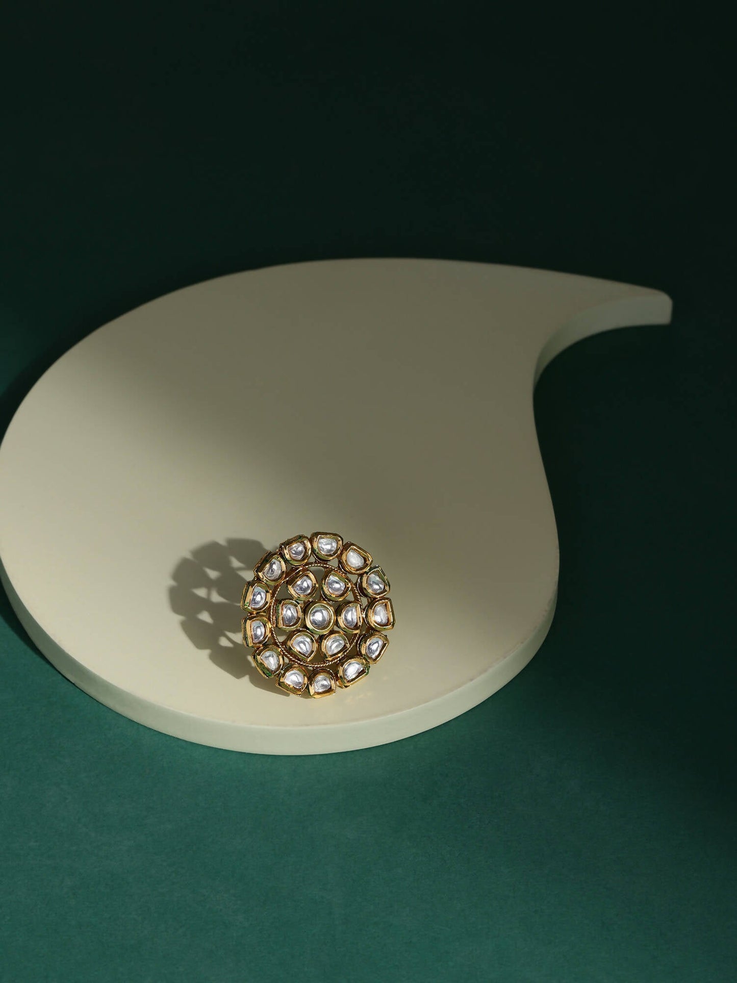 Gold-Polished White Kundan Studded Adjustable Finger Ring - Ruby Raang | Swadesiicart