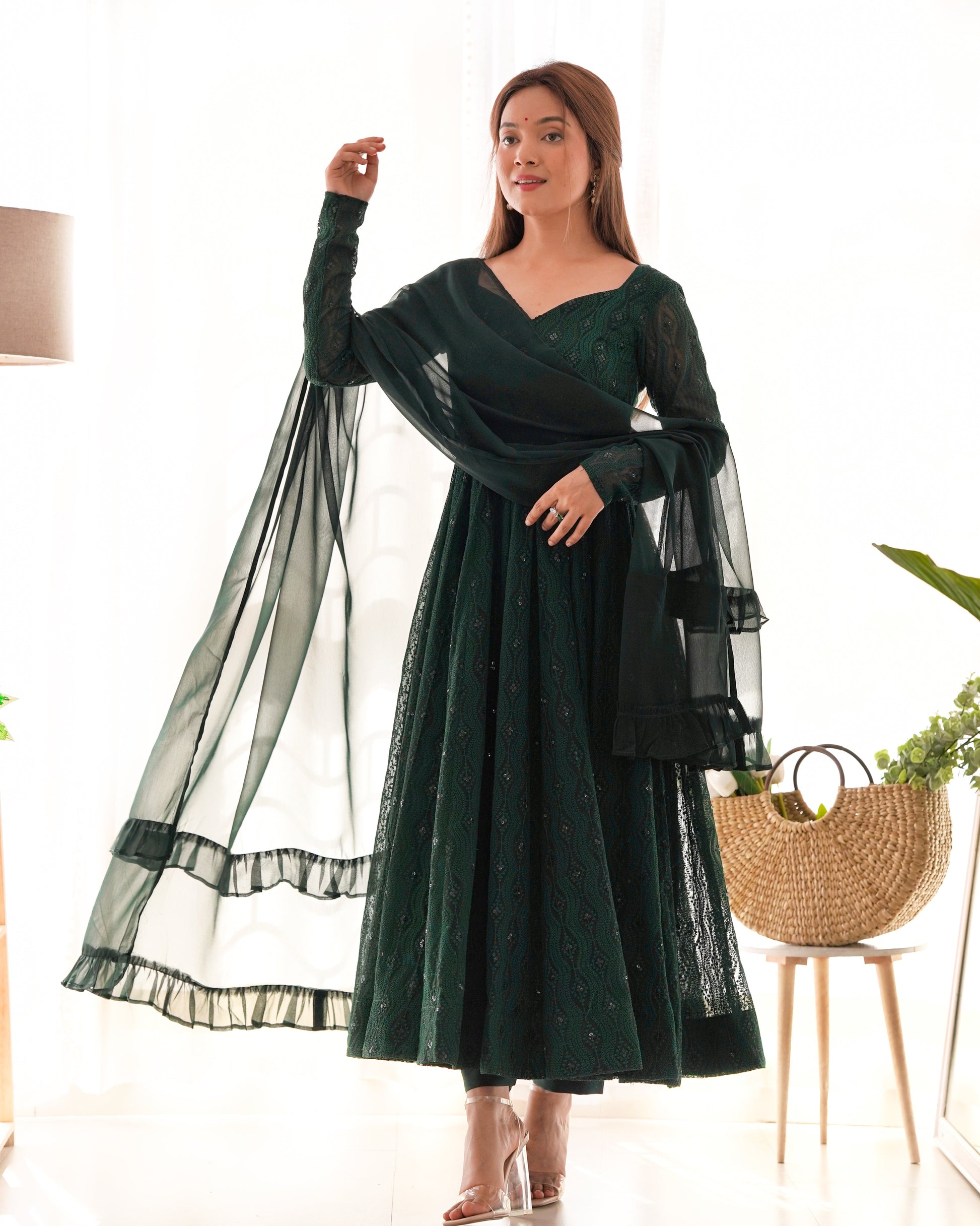 Lorenvalley Green Pure Soft Faux Georgette Lucknowi Sequence Work Anarkali Pant With Dupatta Set | Swadesiicart