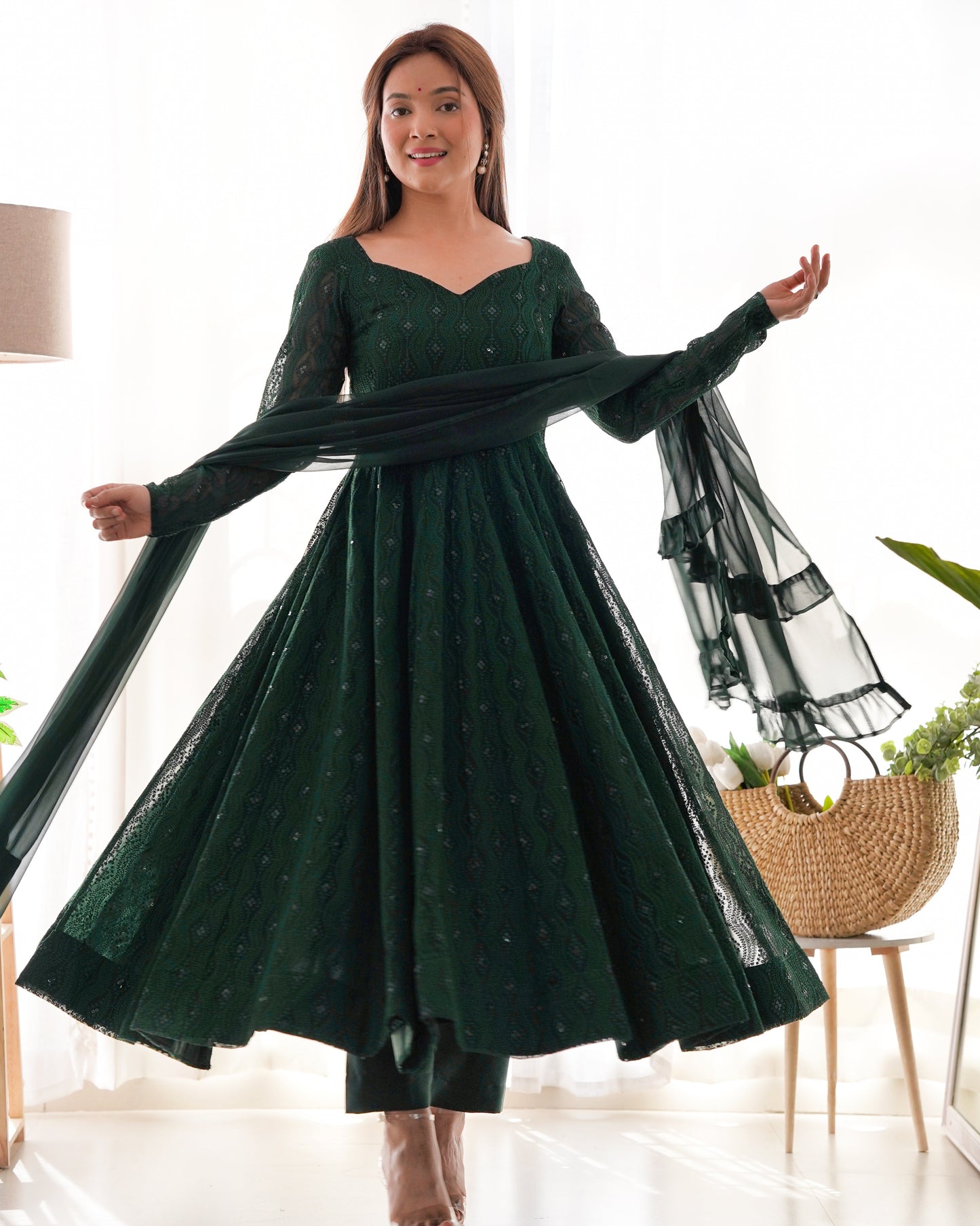 Lorenvalley Green Pure Soft Faux Georgette Lucknowi Sequence Work Anarkali Pant With Dupatta Set | Swadesiicart