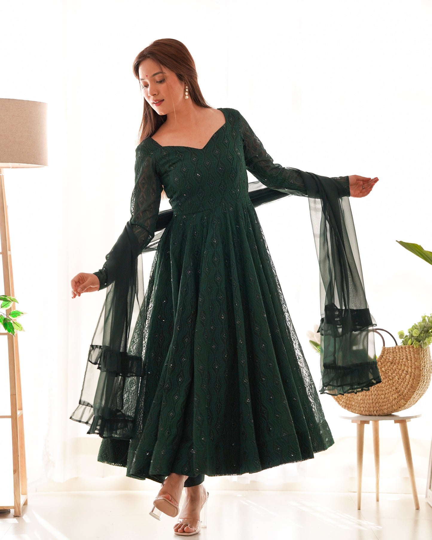 Lorenvalley Green Pure Soft Faux Georgette Lucknowi Sequence Work Anarkali Pant With Dupatta Set | Swadesiicart