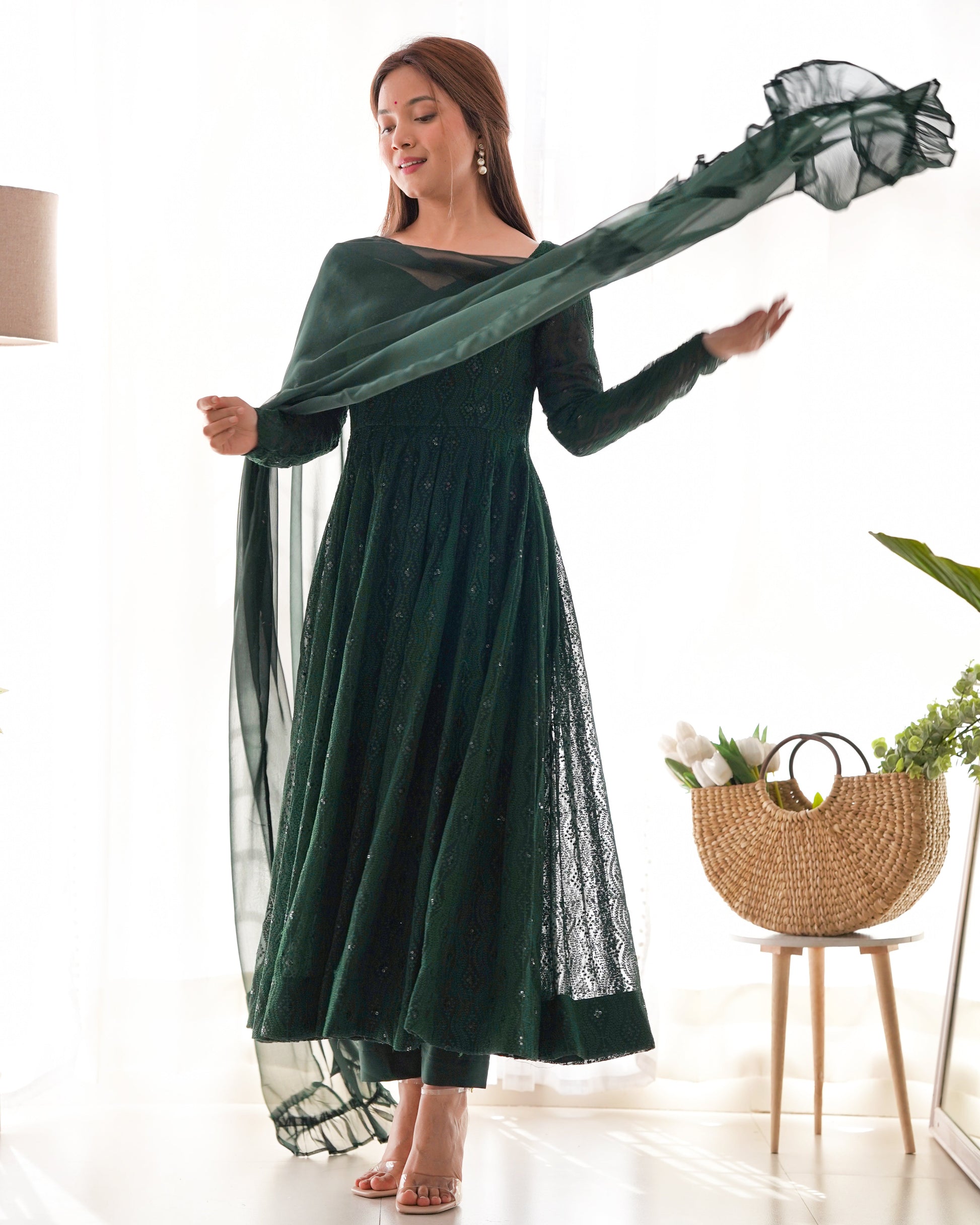 Lorenvalley Green Pure Soft Faux Georgette Lucknowi Sequence Work Anarkali Pant With Dupatta Set | Swadesiicart