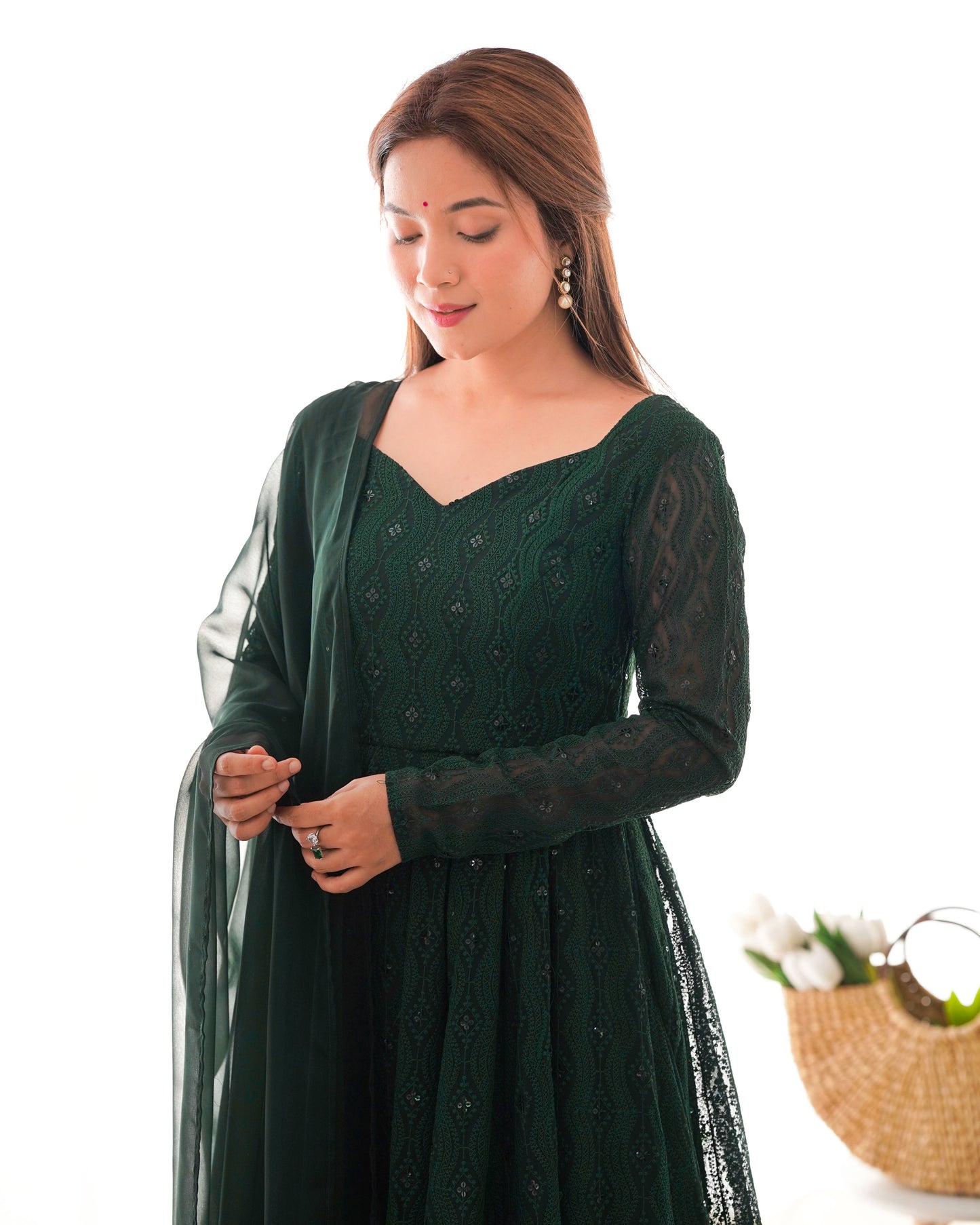 Lorenvalley Green Pure Soft Faux Georgette Lucknowi Sequence Work Anarkali Pant With Dupatta Set | Swadesiicart