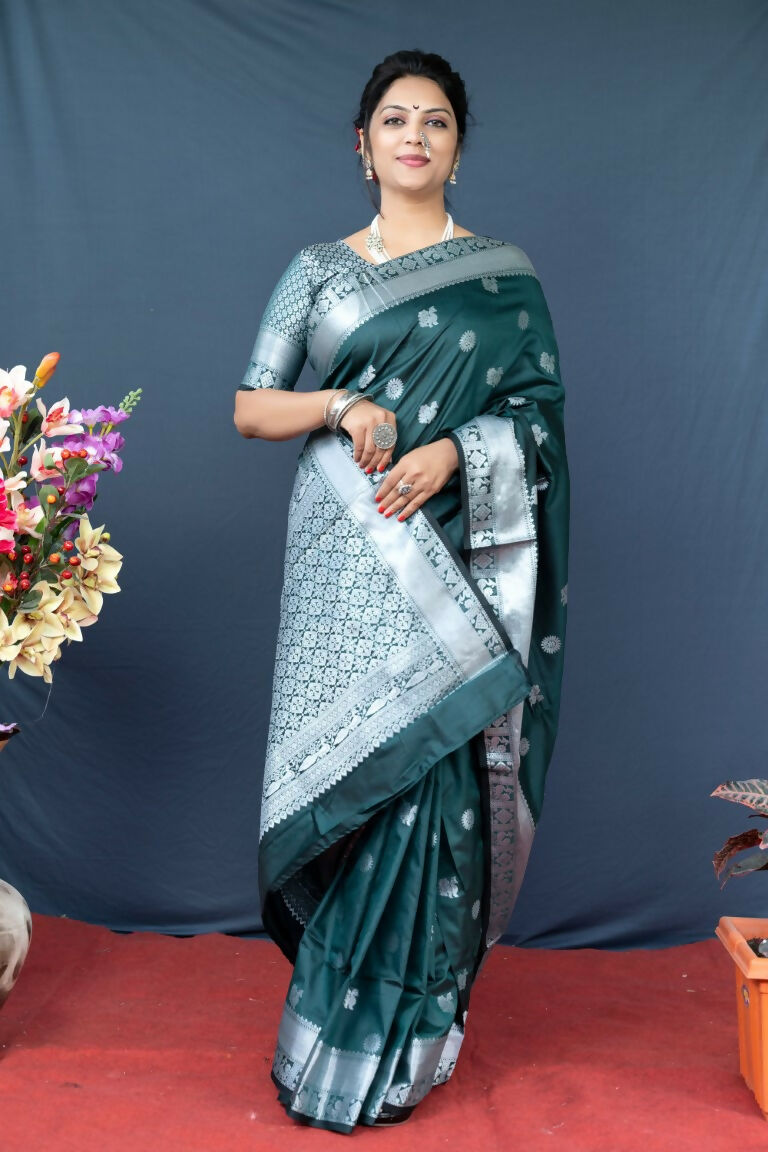 Jyoti Fashion Women's Bottle Green Soft Banarasi Silk Zari Woven Saree with Blouse | Swadesiicart