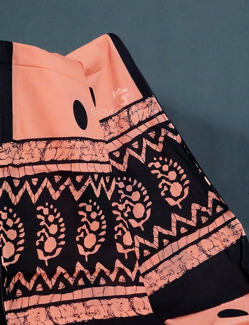 Peach And Black Block Print Pure Mulmul Cotton Saree By Gayathri Reddy Designer Studio | Swadesiicart