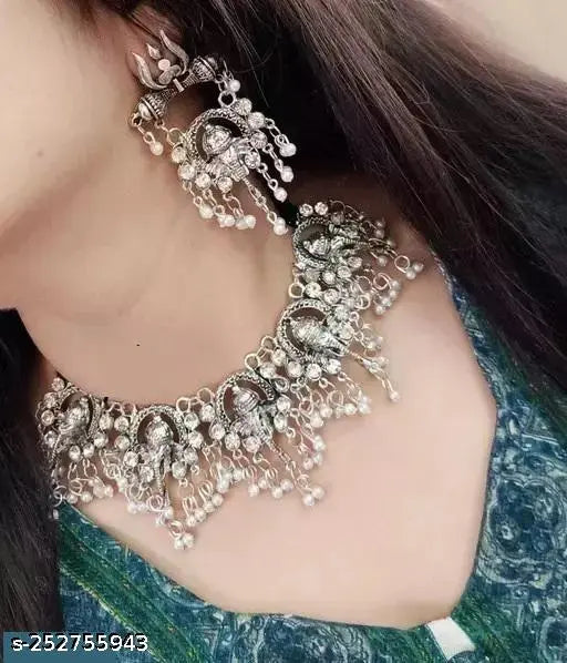 Tehzeeb Creations Women's Silver Colour Oxidised Ganesha Style Necklace Set With White Pearl - Swadesiicart