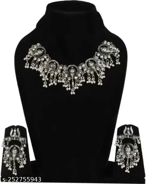 Tehzeeb Creations Women's Silver Colour Oxidised Ganesha Style Necklace Set With White Pearl - Swadesiicart