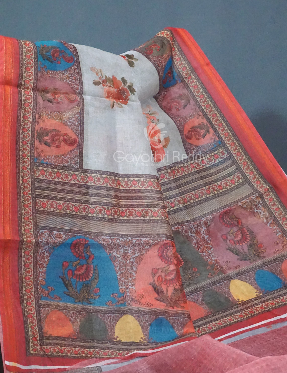 Shades of Light Grey Floral Print Semi Chanderi Saree By Gayathri Reddy Designer Studio | Swadesiicart