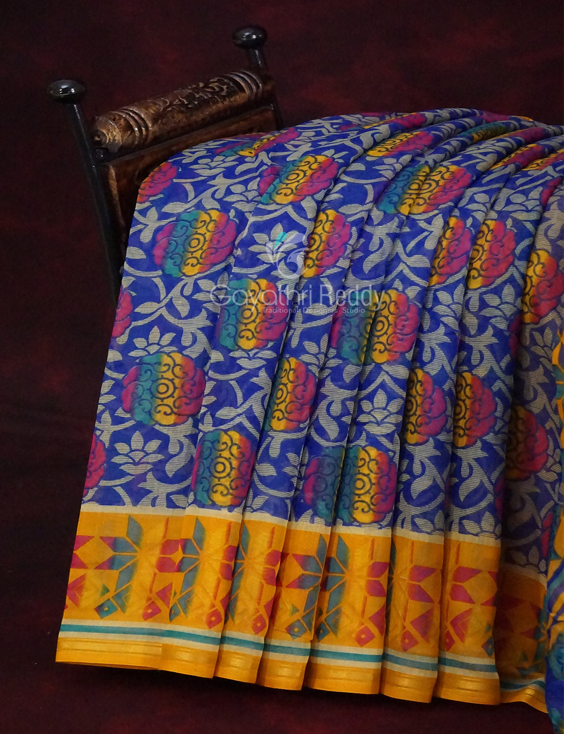 Ink Blue Printed Semi Chanderi Saree By Gayathri Reddy Designer Studio | Swadesiicart