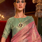 Mitera Women Pink & Green Floral Zari Silk Blend Banarasi Saree | Swadesiicart