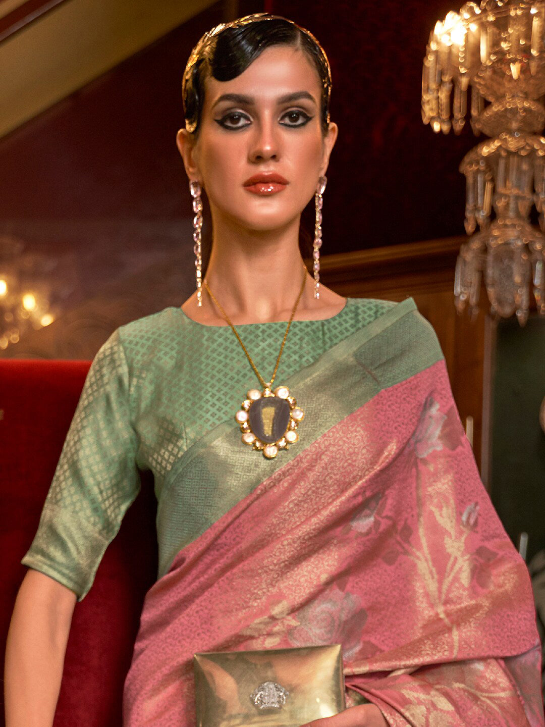 Mitera Women Pink & Green Floral Zari Silk Blend Banarasi Saree | Swadesiicart