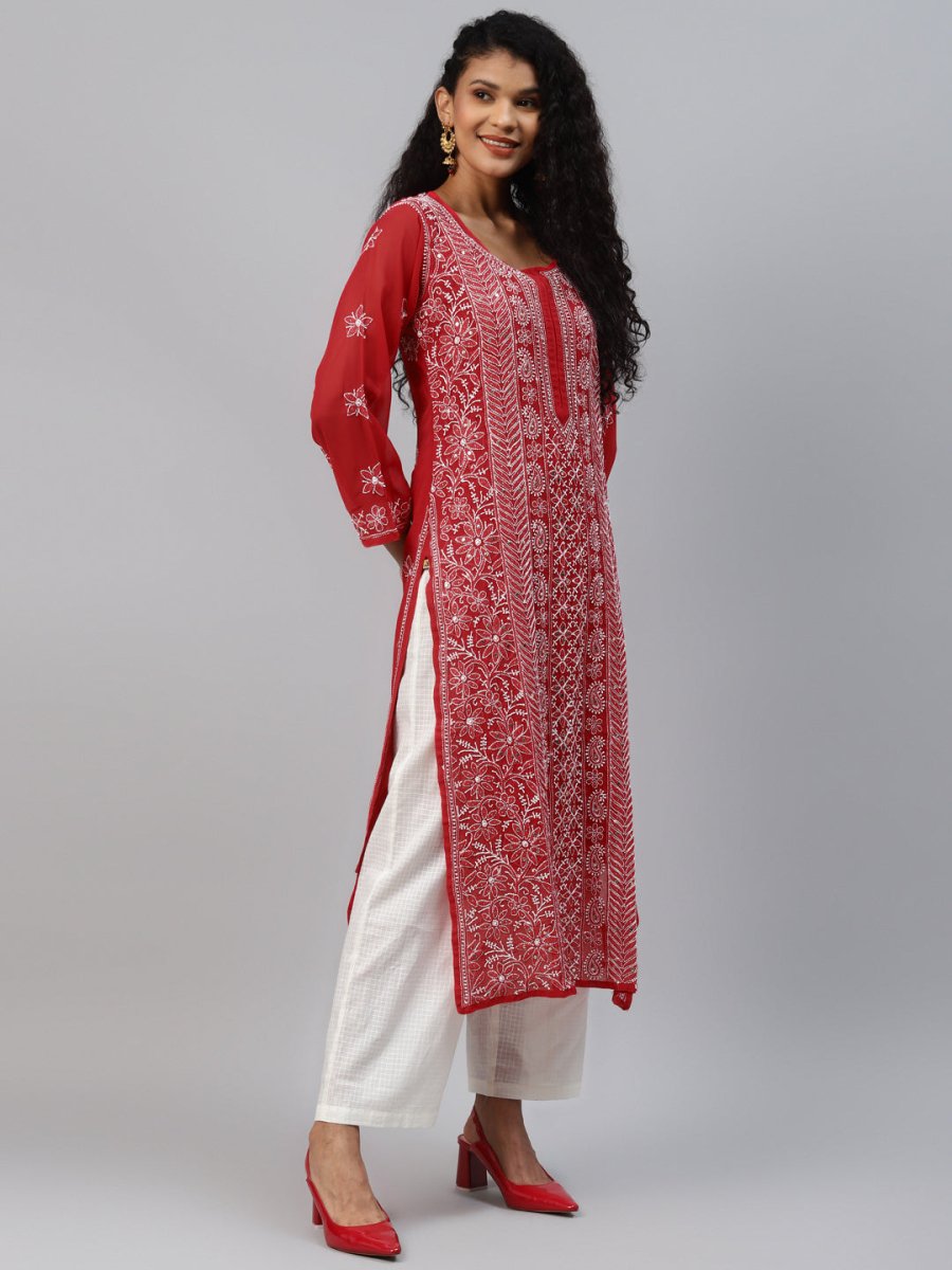 ADA Women Red & White Hand Embroidered Chikankari Sustainable Handloom Kurta With Matching Slip | Swadesiicart