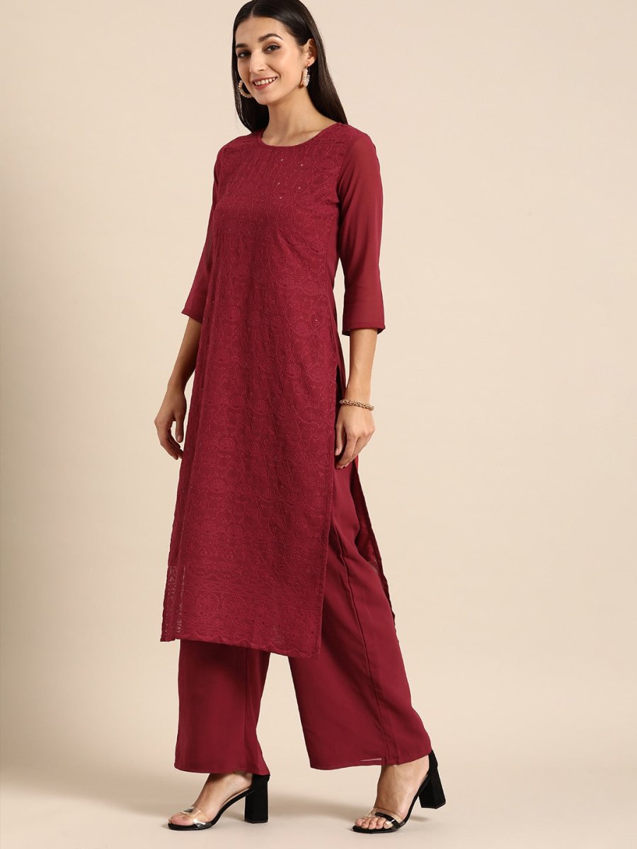 All About You Women Maroon Ethnic Motifs Embroidered Chikankari Kurta with Palazzos | Swadesiicart