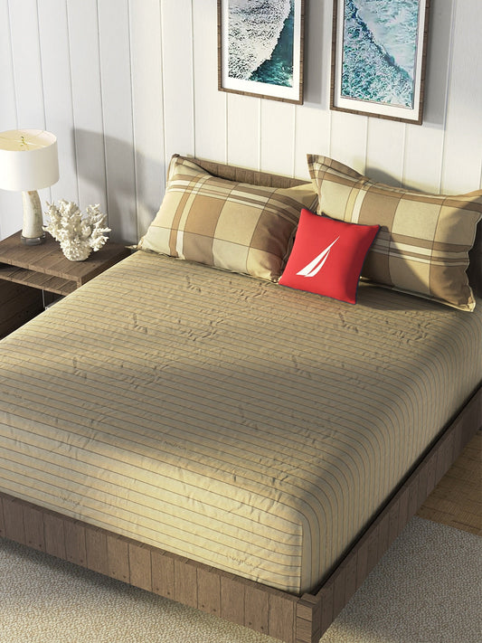 Nautica Brown & Brown Striped Cotton 160 TC King Bedsheet With 2 Pillow Covers - Swadesiicart