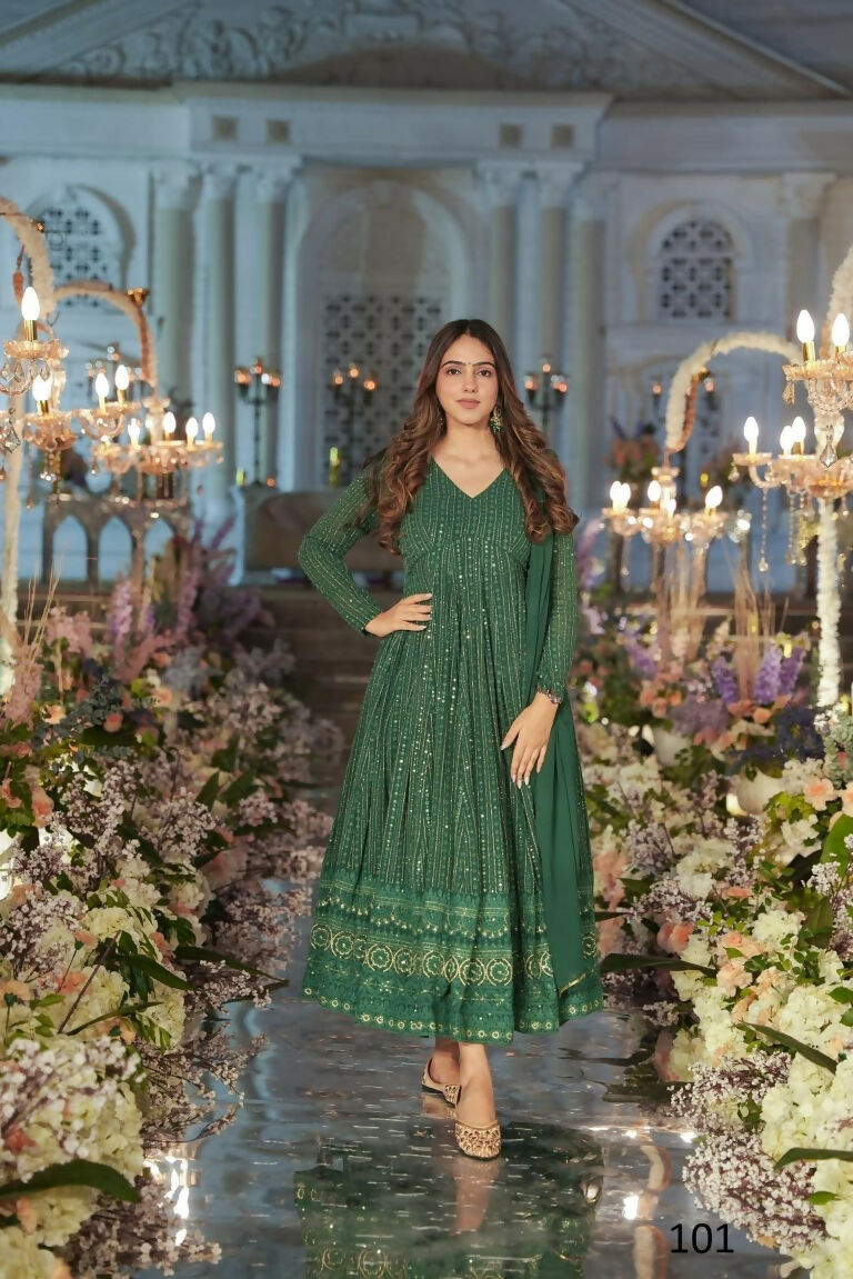 Jyoti Fashion Women's Green Faux Georgette Zari Embroidery with Sequence Anarkali Dress with Dupatta | Swadesiicart