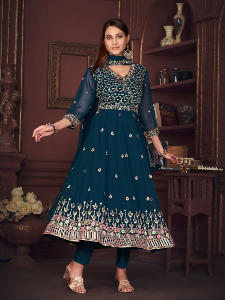 Jyoti Fashion Women's Rama Georgette Embroidered Anarkali Kurta Pant Set With Dupatta | Swadesiicart