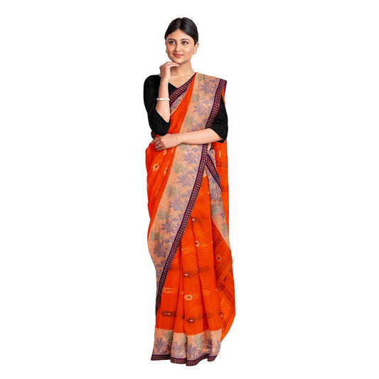 Exclusive Collection 100% Pure Cotton Orange Tant Saree With Hand Weaving Work - Swadesiicart