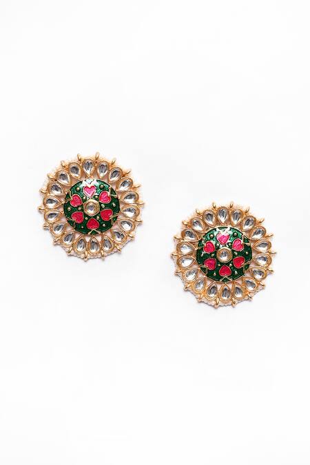 Peacock Green and Pink Stud Earring Tops for Womens by House of Ree | Swadesiicart