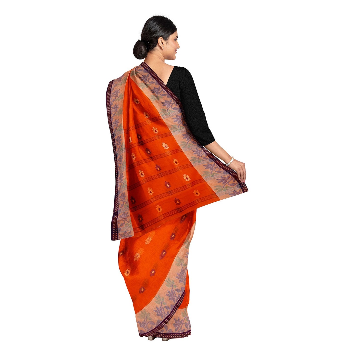 Exclusive Collection 100% Pure Cotton Orange Tant Saree With Hand Weaving Work - Swadesiicart