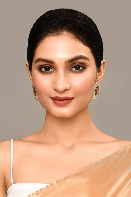 Peacock Green and Pink Stud Earring Tops for Womens by House of Ree | Swadesiicart