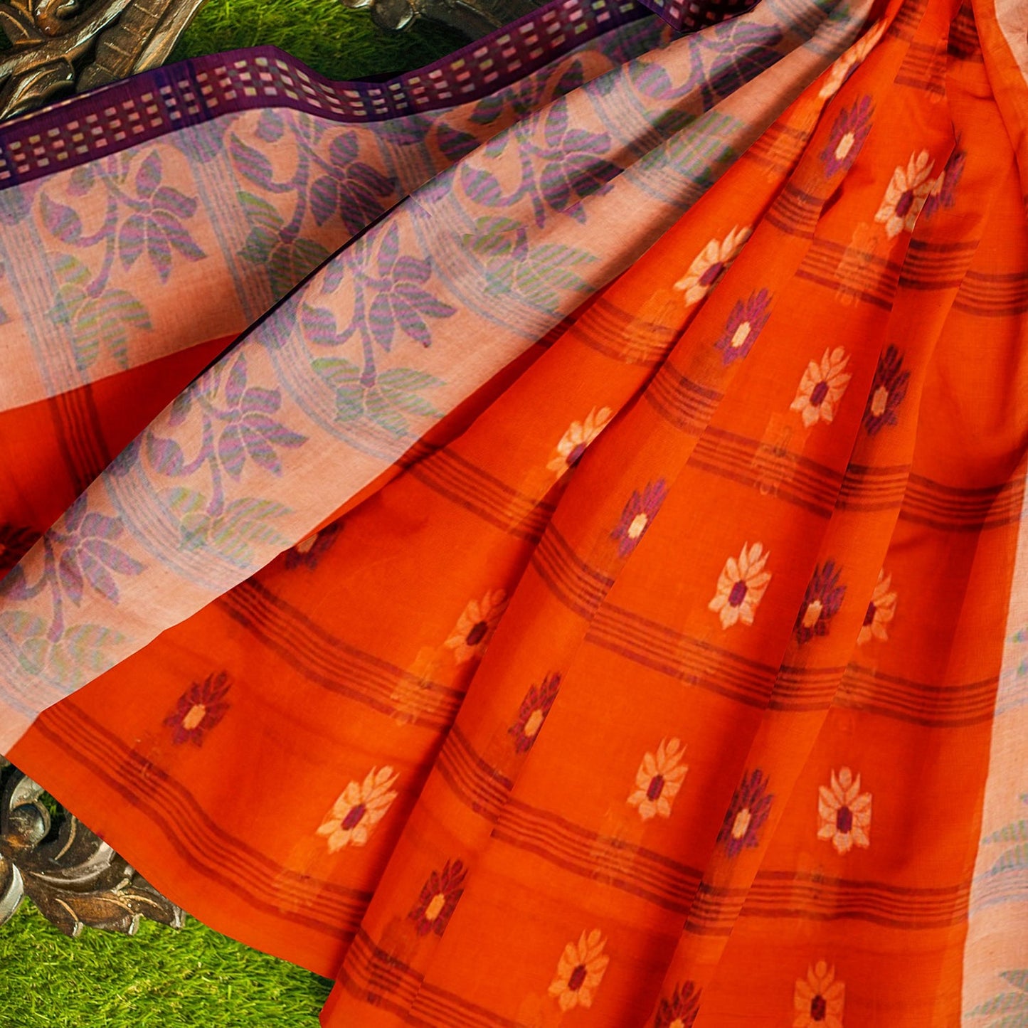 Exclusive Collection 100% Pure Cotton Orange Tant Saree With Hand Weaving Work - Swadesiicart