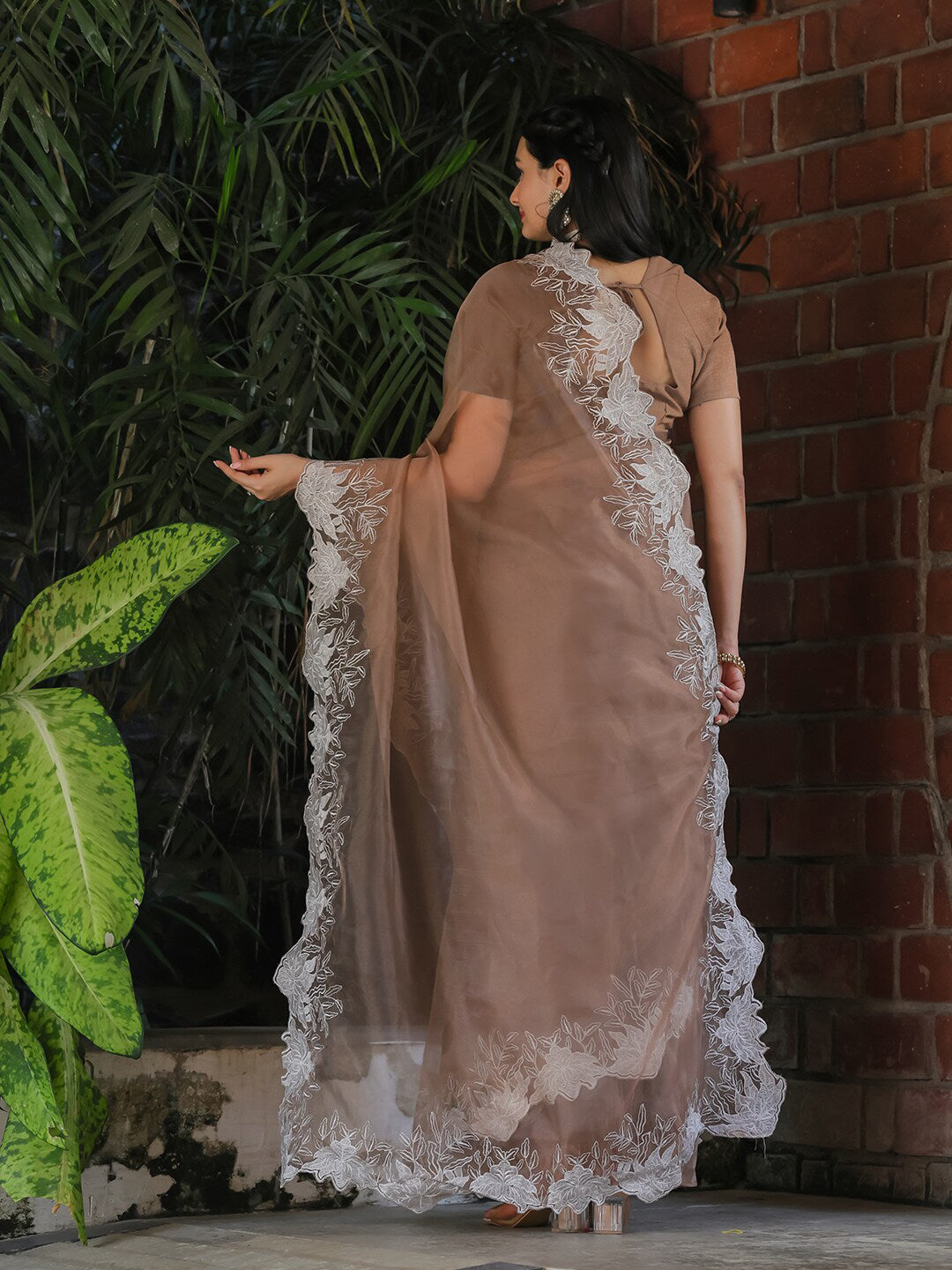 Tikhi Imli Beige Embroidered Organza Saree | Swadesiicart