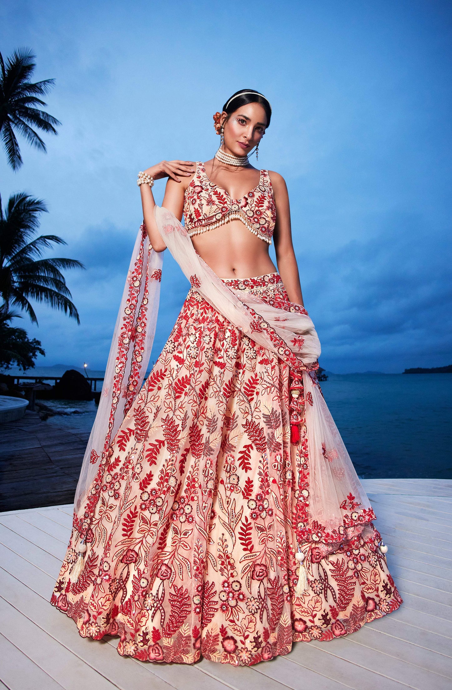 House of Panchhi Peach Net Sequins, Mirror And Thread Embroidery Lehenga Choli & Dupatta | Swadesiicart