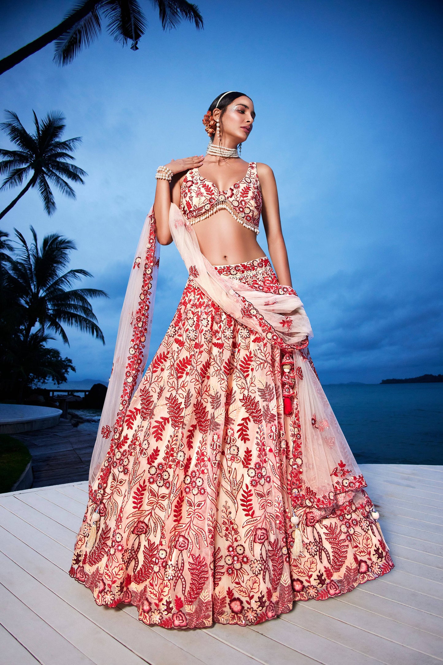 House of Panchhi Peach Net Sequins, Mirror And Thread Embroidery Lehenga Choli & Dupatta | Swadesiicart