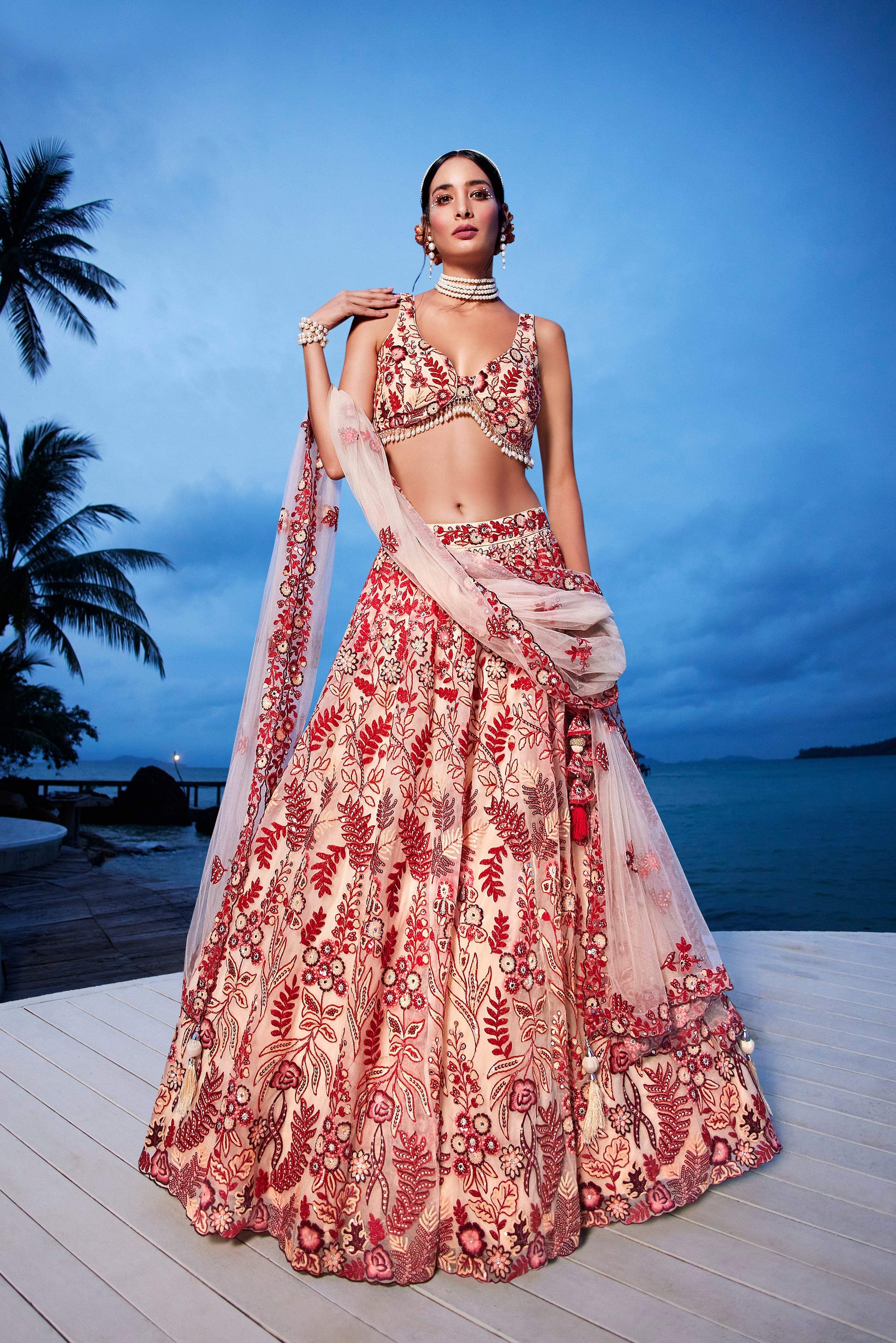 House of Panchhi Peach Net Sequins, Mirror And Thread Embroidery Lehenga Choli & Dupatta | Swadesiicart