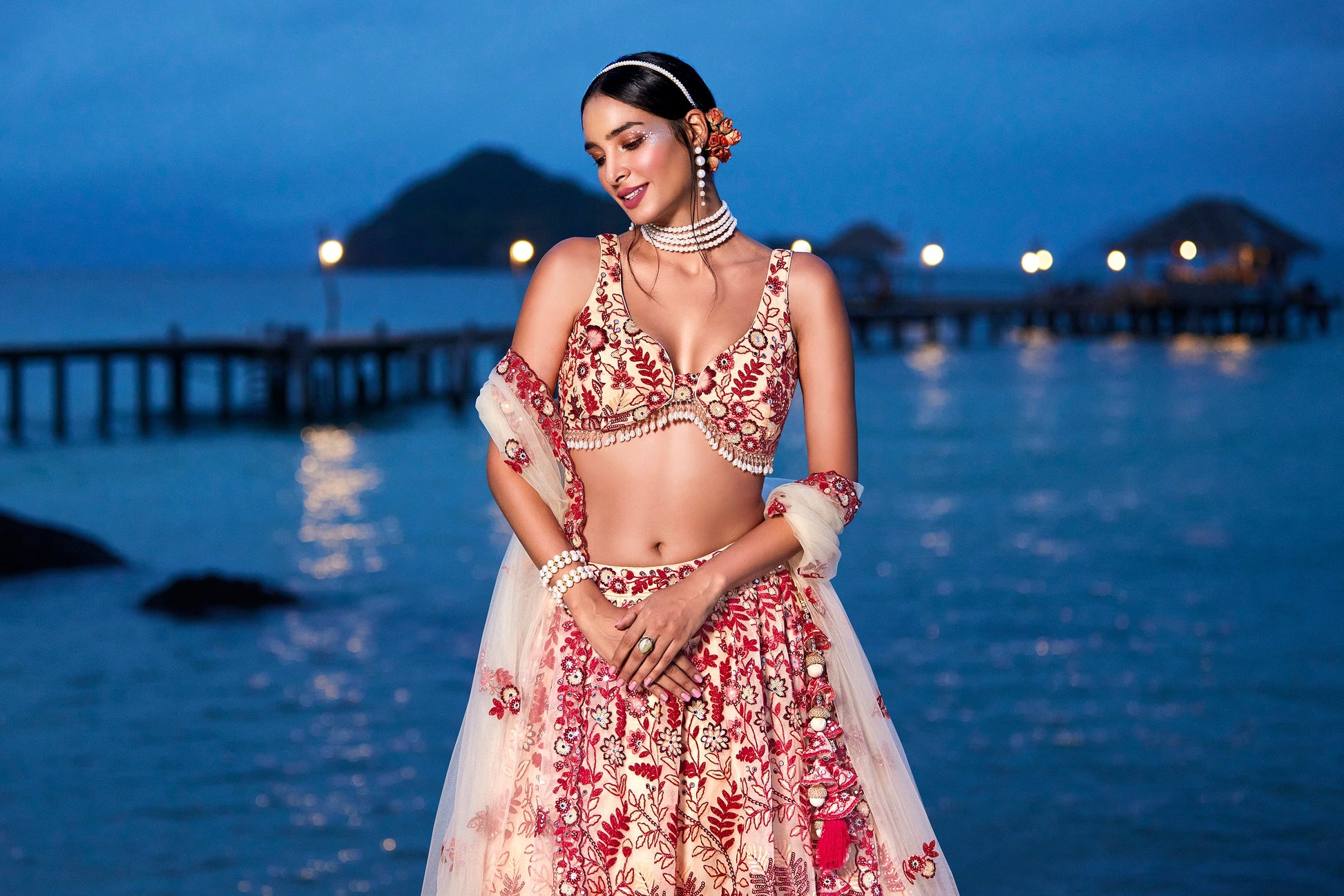 House of Panchhi Peach Net Sequins, Mirror And Thread Embroidery Lehenga Choli & Dupatta | Swadesiicart