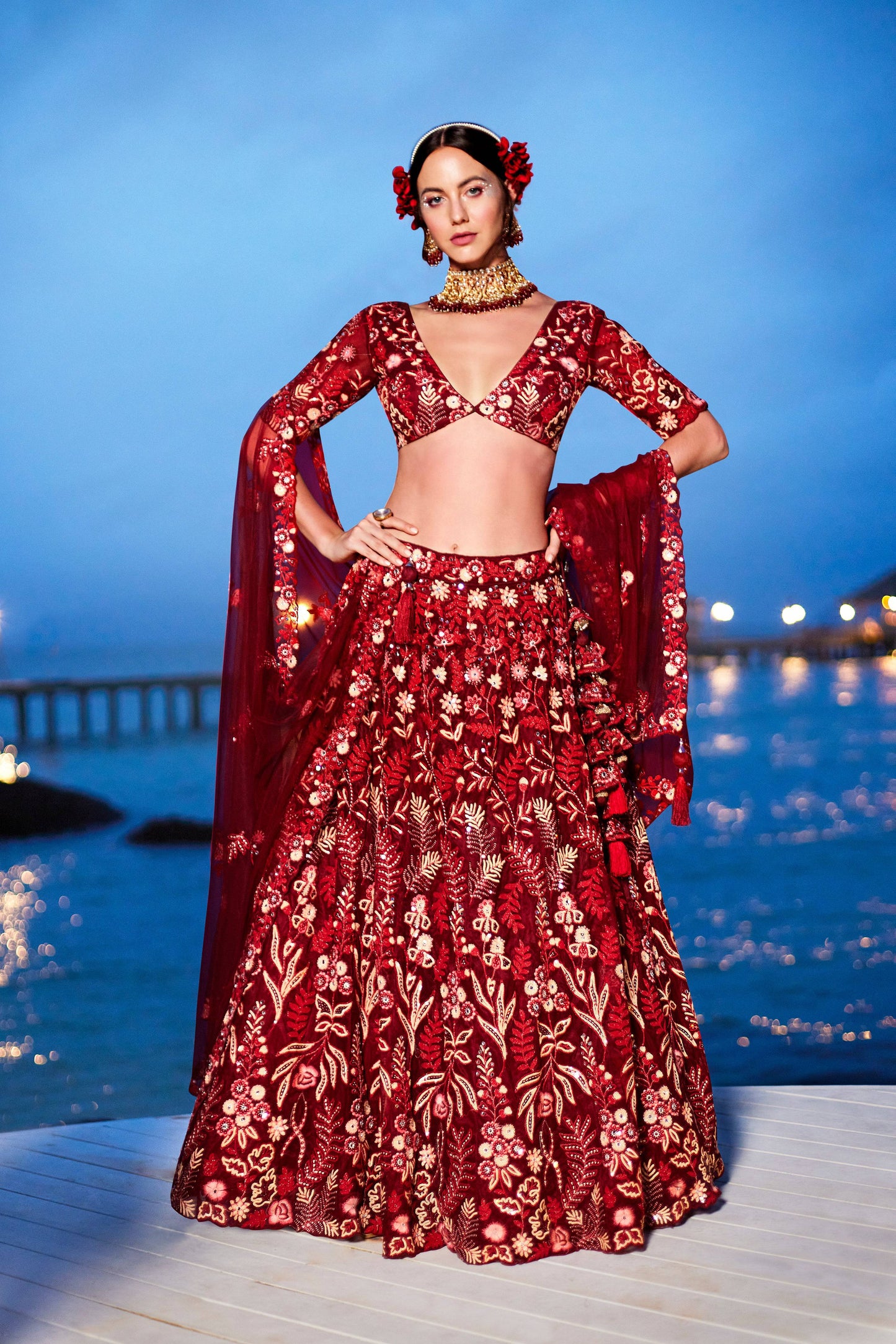 House of Panchhi Red Net Sequins, Mirror And Thread Embroidery Lehenga Choli & Dupatta | Swadesiicart