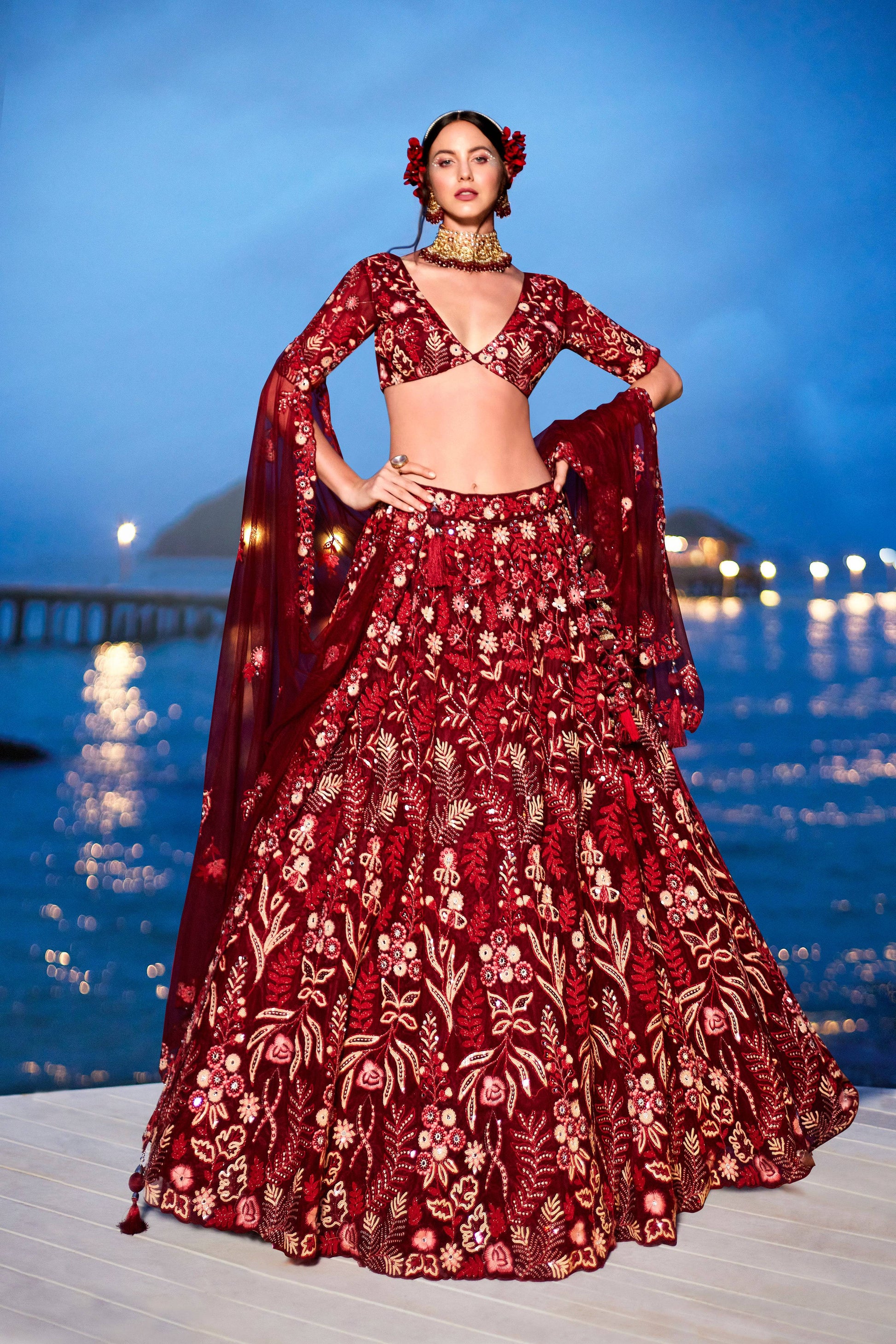 House of Panchhi Red Net Sequins, Mirror And Thread Embroidery Lehenga Choli & Dupatta | Swadesiicart