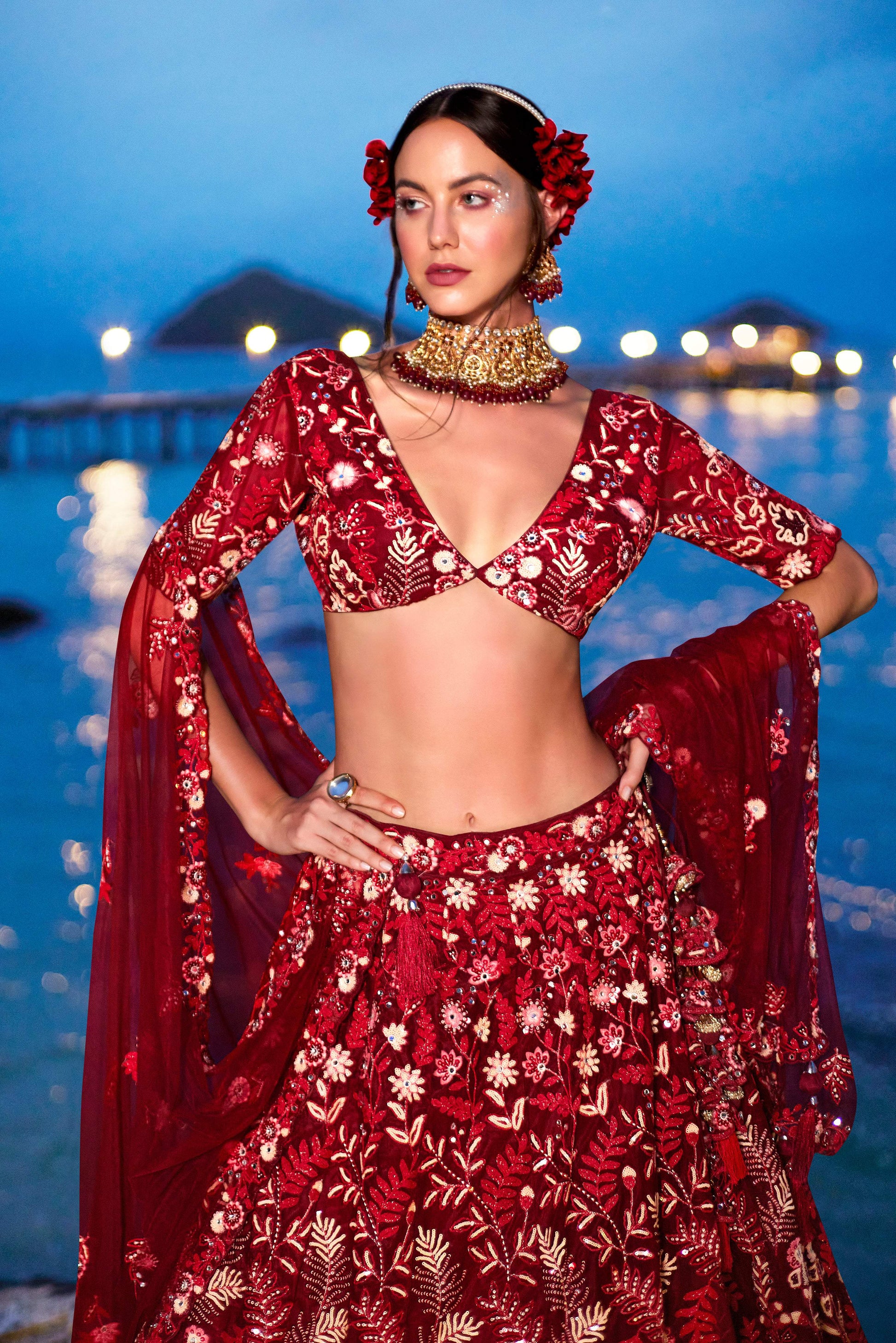 House of Panchhi Red Net Sequins, Mirror And Thread Embroidery Lehenga Choli & Dupatta | Swadesiicart