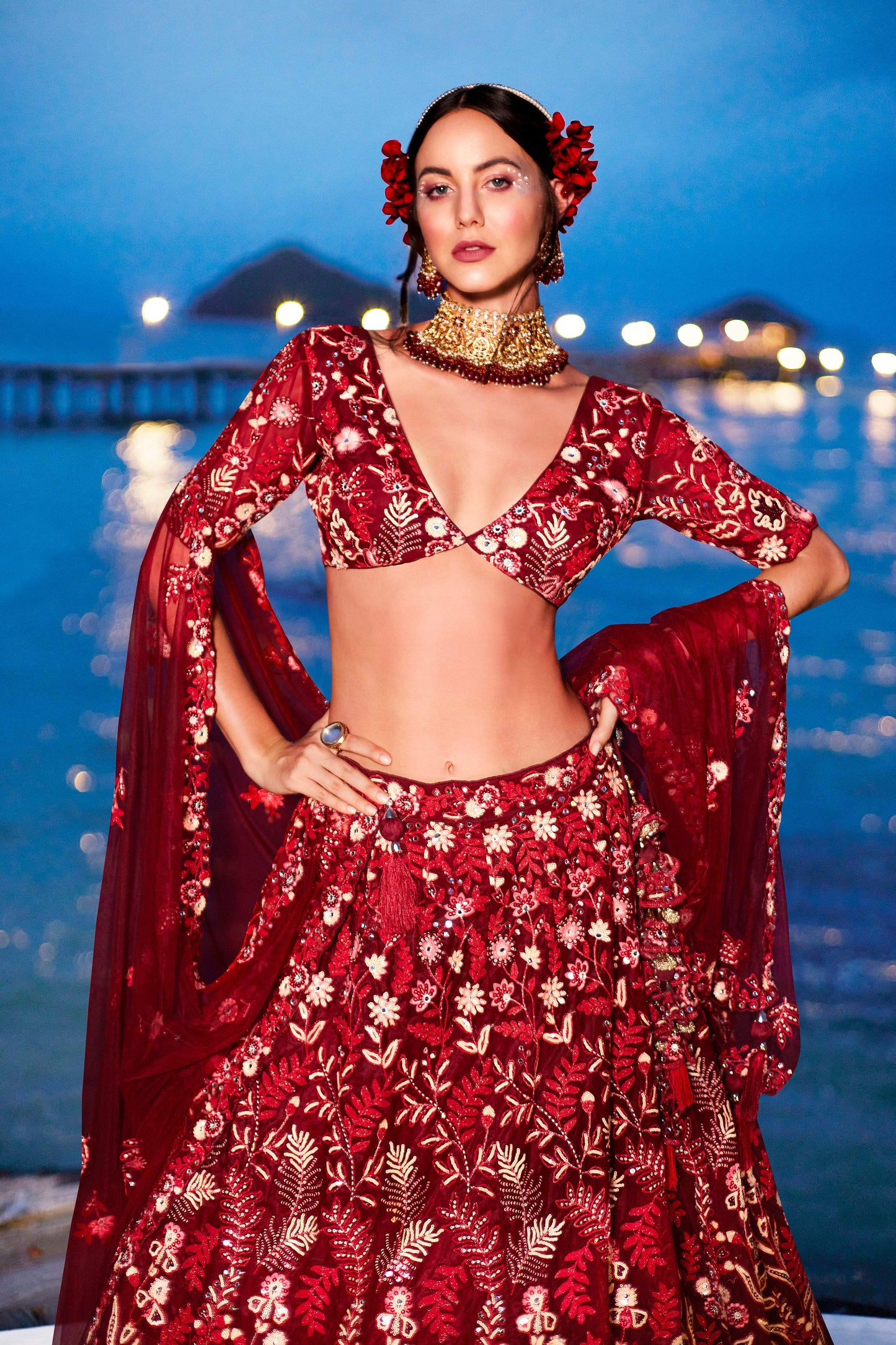 House of Panchhi Red Net Sequins, Mirror And Thread Embroidery Lehenga Choli & Dupatta | Swadesiicart
