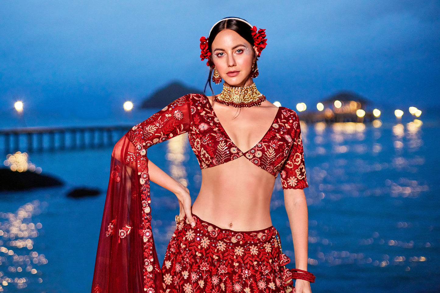 House of Panchhi Red Net Sequins, Mirror And Thread Embroidery Lehenga Choli & Dupatta | Swadesiicart