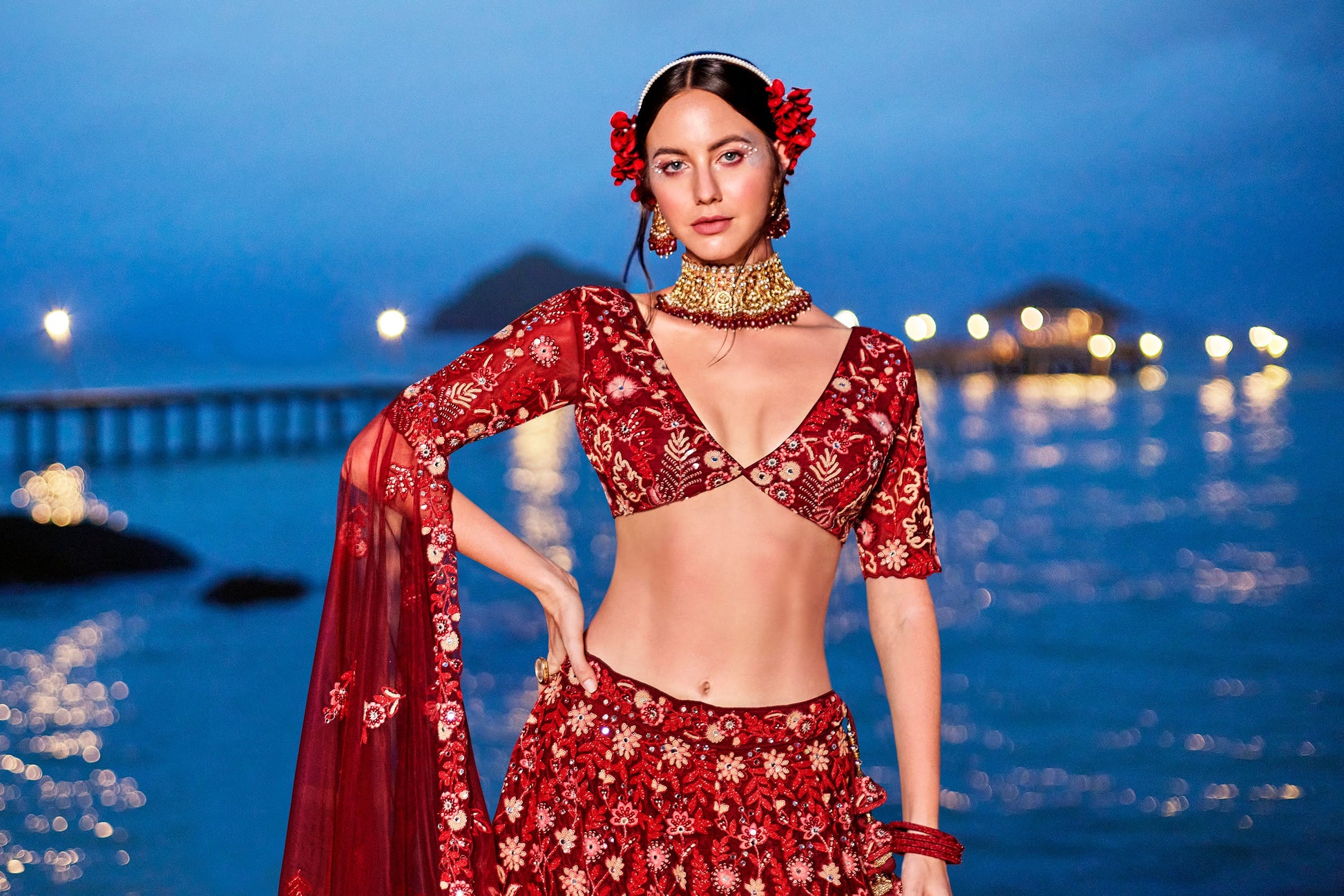 House of Panchhi Red Net Sequins, Mirror And Thread Embroidery Lehenga Choli & Dupatta | Swadesiicart