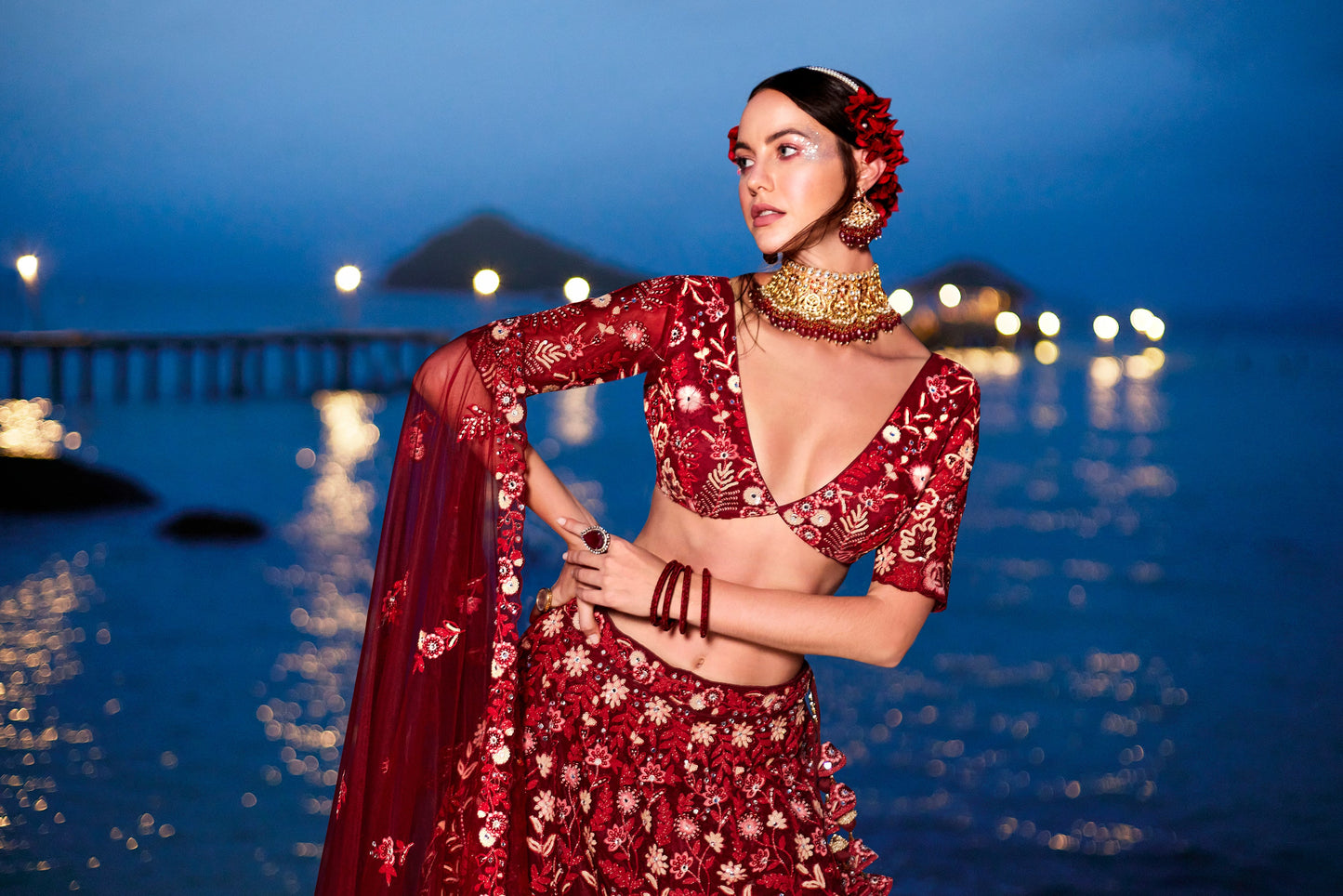 House of Panchhi Red Net Sequins, Mirror And Thread Embroidery Lehenga Choli & Dupatta | Swadesiicart
