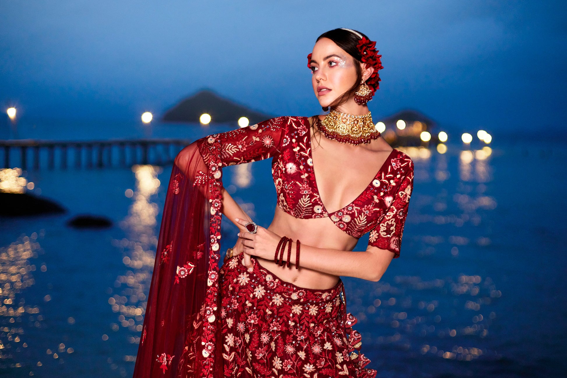 House of Panchhi Red Net Sequins, Mirror And Thread Embroidery Lehenga Choli & Dupatta | Swadesiicart
