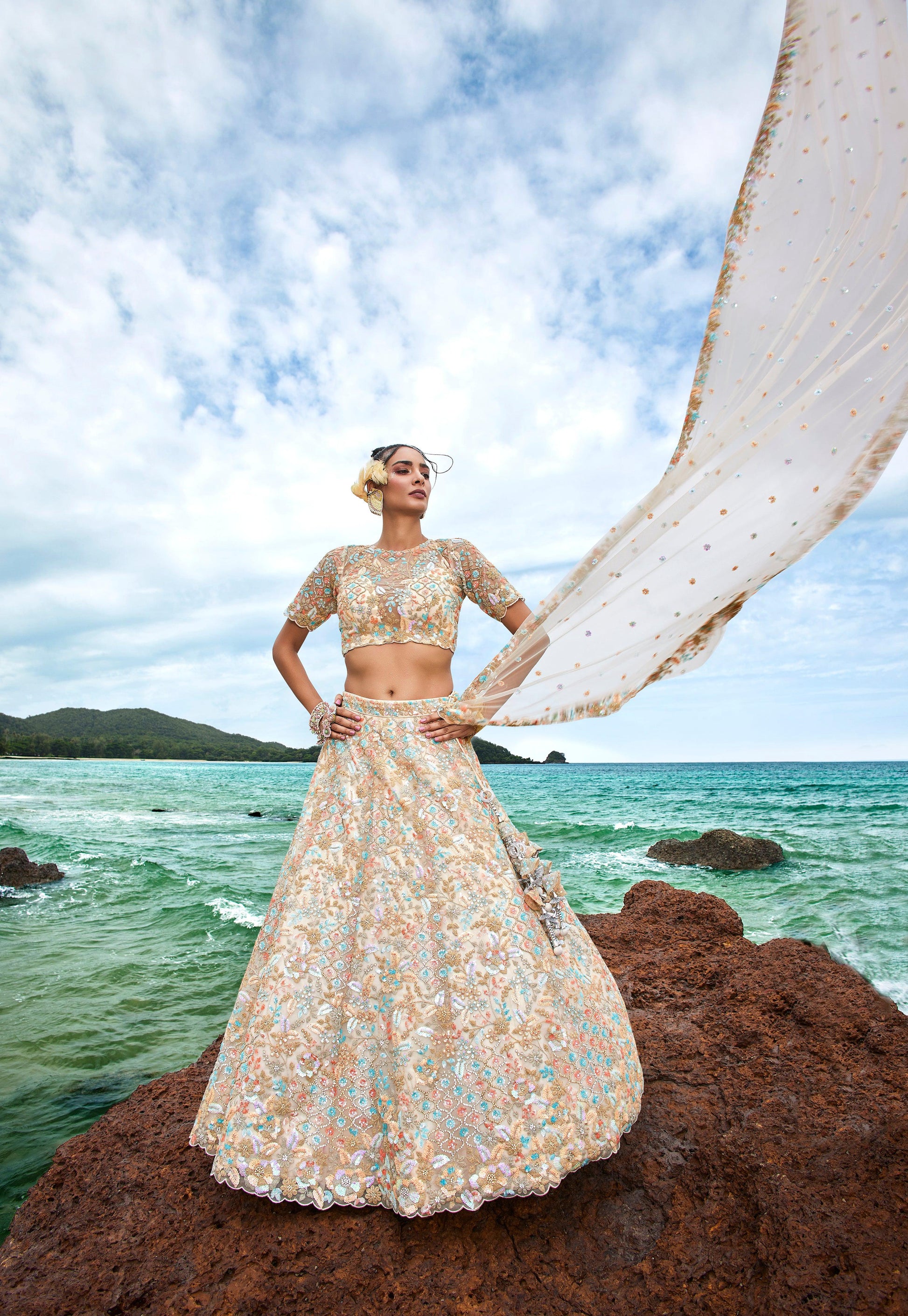 House of Panchhi Cream Net Multi Colour Sequins, Zarkans And Thread Embroidery Lehenga Choli & Dupatta | Swadesiicart