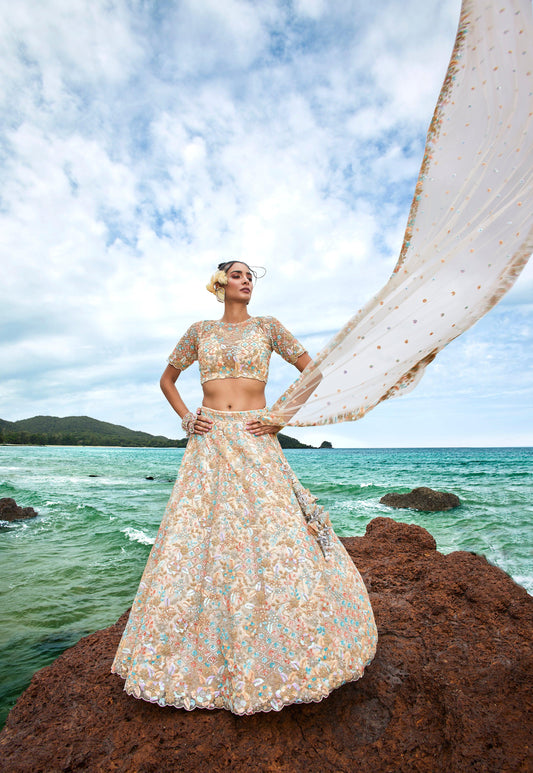 House of Panchhi Cream Net Multi Colour Sequins, Zarkans And Thread Embroidery Lehenga Choli & Dupatta | Swadesiicart