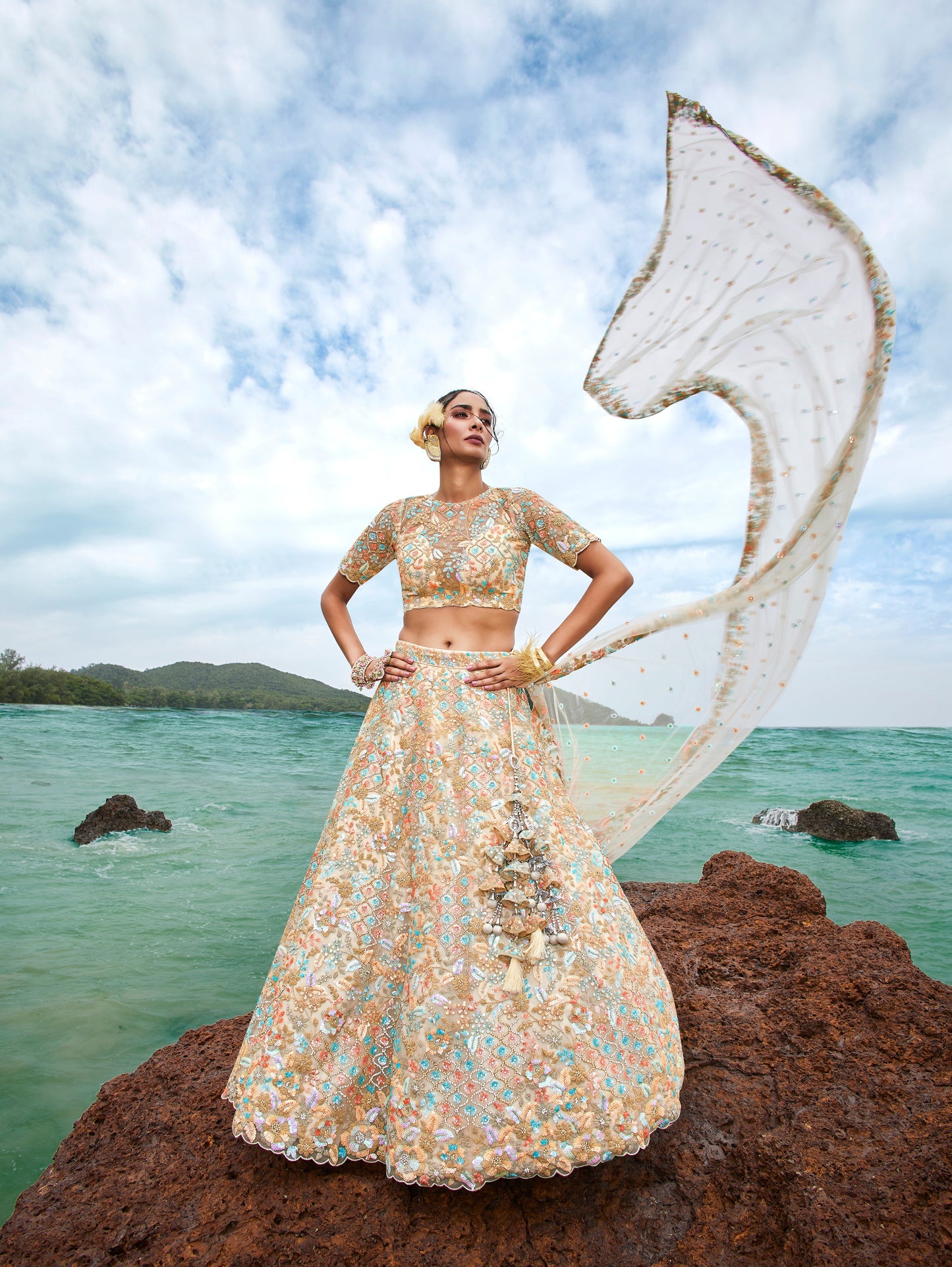 House of Panchhi Cream Net Multi Colour Sequins, Zarkans And Thread Embroidery Lehenga Choli & Dupatta | Swadesiicart