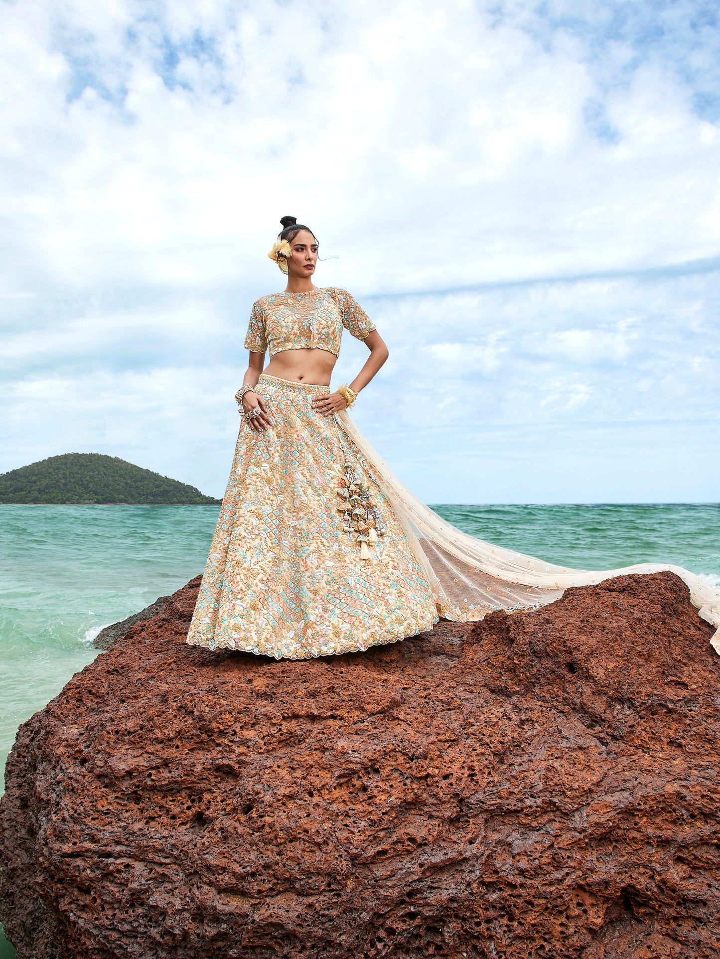 House of Panchhi Cream Net Multi Colour Sequins, Zarkans And Thread Embroidery Lehenga Choli & Dupatta | Swadesiicart