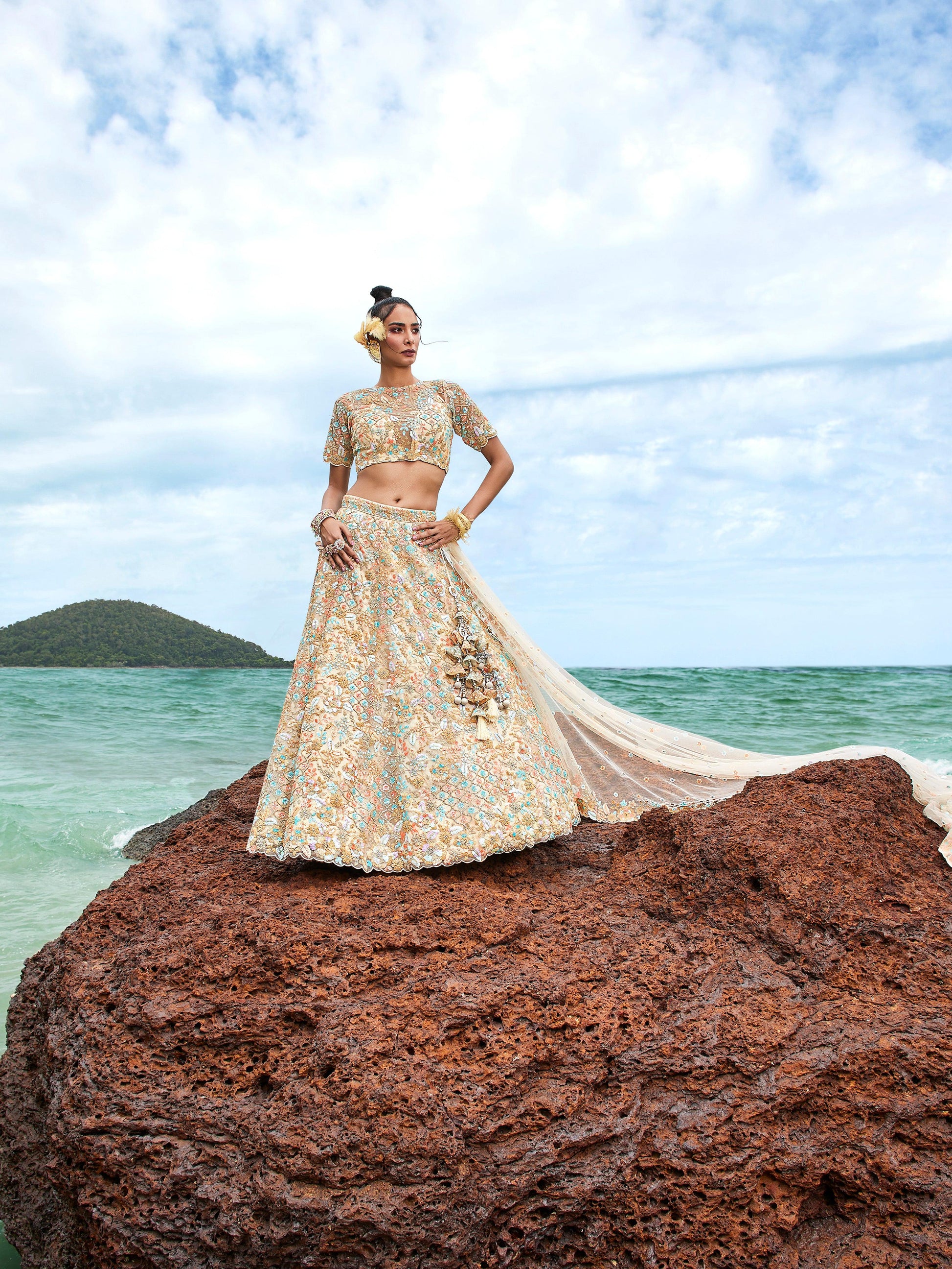 House of Panchhi Cream Net Multi Colour Sequins, Zarkans And Thread Embroidery Lehenga Choli & Dupatta | Swadesiicart