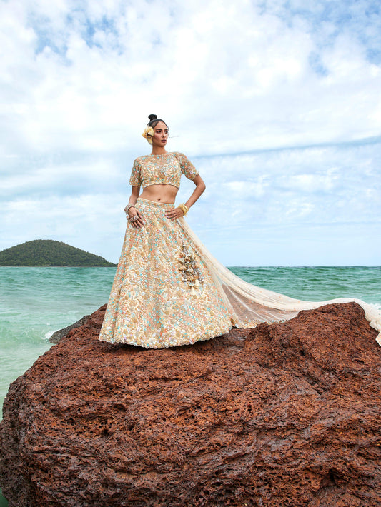 House of Panchhi Cream Net Multi Colour Sequins, Zarkans And Thread Embroidery Lehenga Choli & Dupatta | Swadesiicart