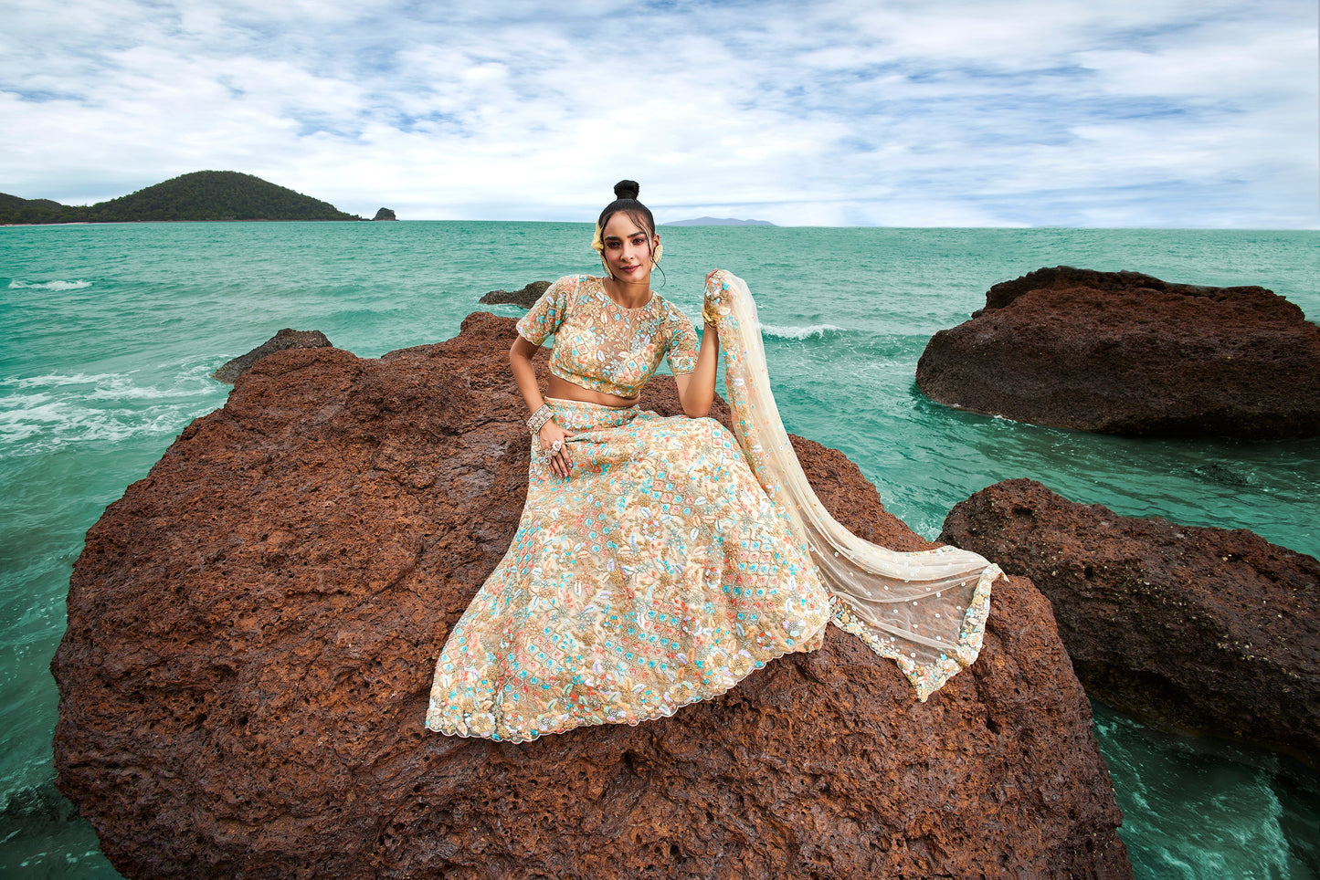 House of Panchhi Cream Net Multi Colour Sequins, Zarkans And Thread Embroidery Lehenga Choli & Dupatta | Swadesiicart