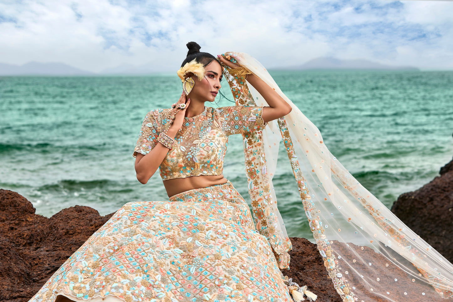 House of Panchhi Cream Net Multi Colour Sequins, Zarkans And Thread Embroidery Lehenga Choli & Dupatta | Swadesiicart