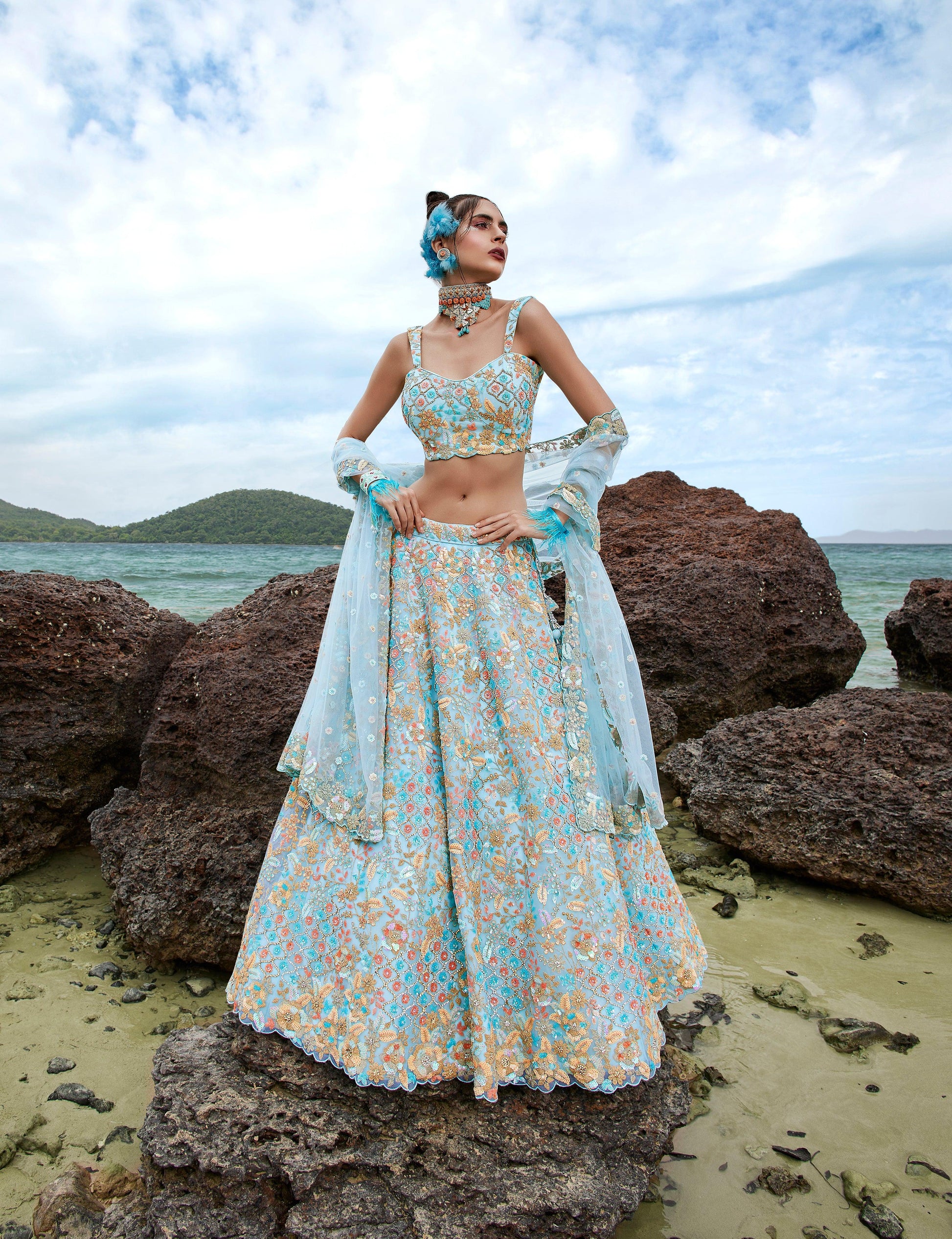 House of Panchhi Turquoise Blue Net Multi Colour Sequins, Zarkans And Thread Embroidery Lehenga Choli & Dupatta | Swadesiicart