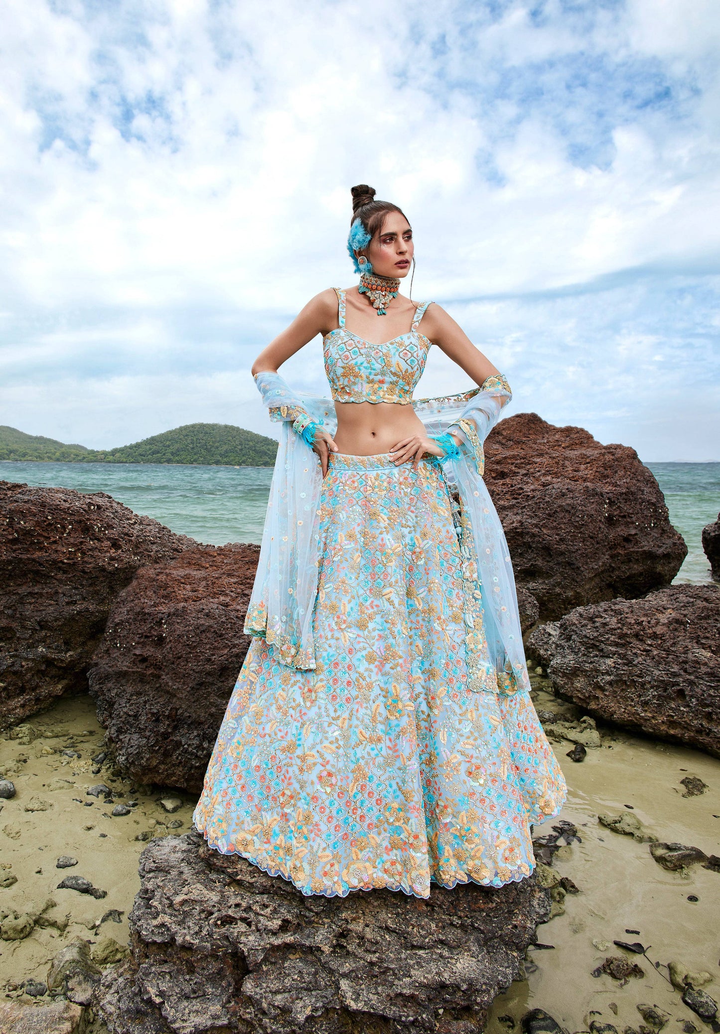 House of Panchhi Turquoise Blue Net Multi Colour Sequins, Zarkans And Thread Embroidery Lehenga Choli & Dupatta | Swadesiicart