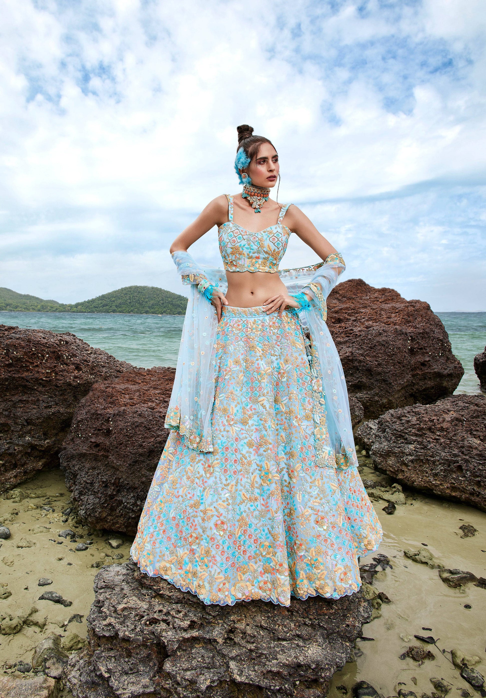 House of Panchhi Turquoise Blue Net Multi Colour Sequins, Zarkans And Thread Embroidery Lehenga Choli & Dupatta | Swadesiicart